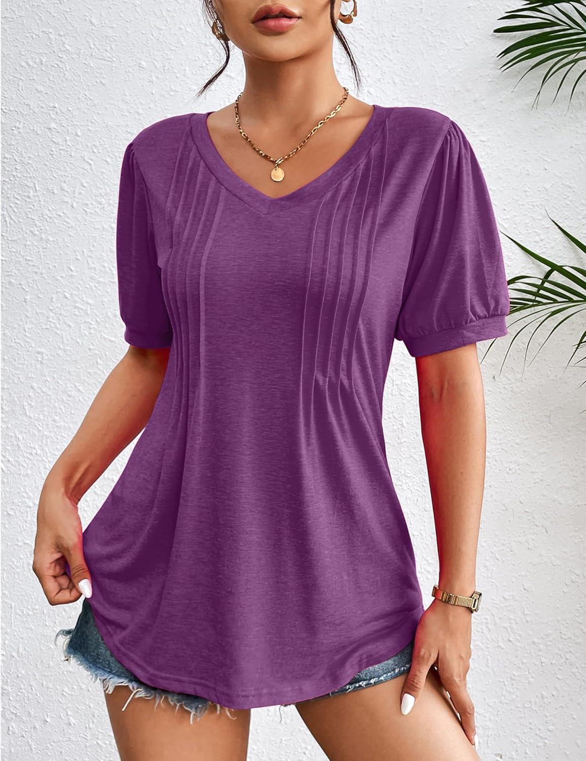 imageZeagoo Womens Puff Short Sleeve Boho Shirts Casual V Neck Floral Solid Summer Blouse Pleated Tunic TopPurple