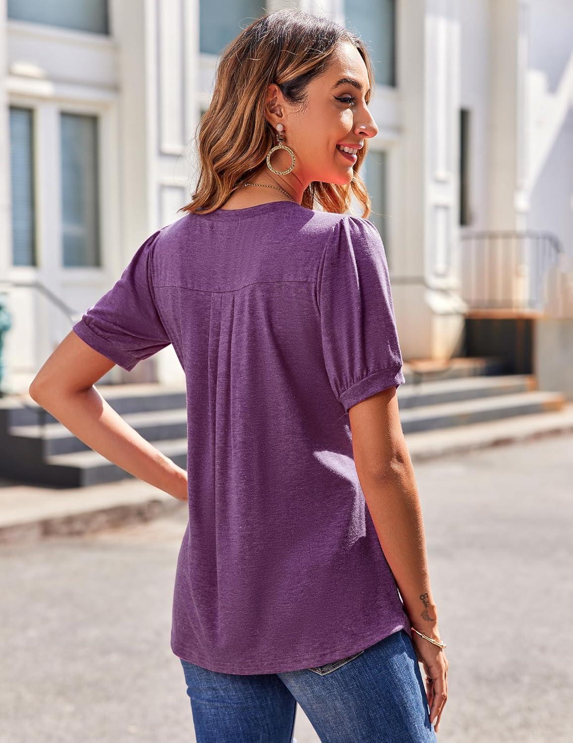 imageZeagoo Womens Puff Short Sleeve Boho Shirts Casual V Neck Floral Solid Summer Blouse Pleated Tunic TopPurple