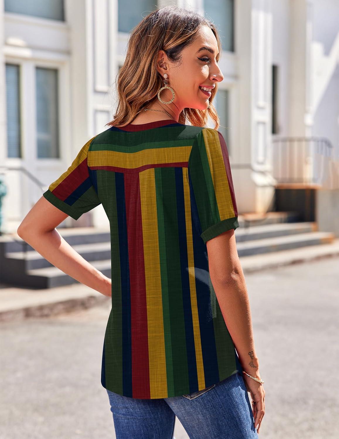 imageZeagoo Womens Puff Short Sleeve Boho Shirts Casual V Neck Floral Solid Summer Blouse Pleated Tunic TopStripe Tz275