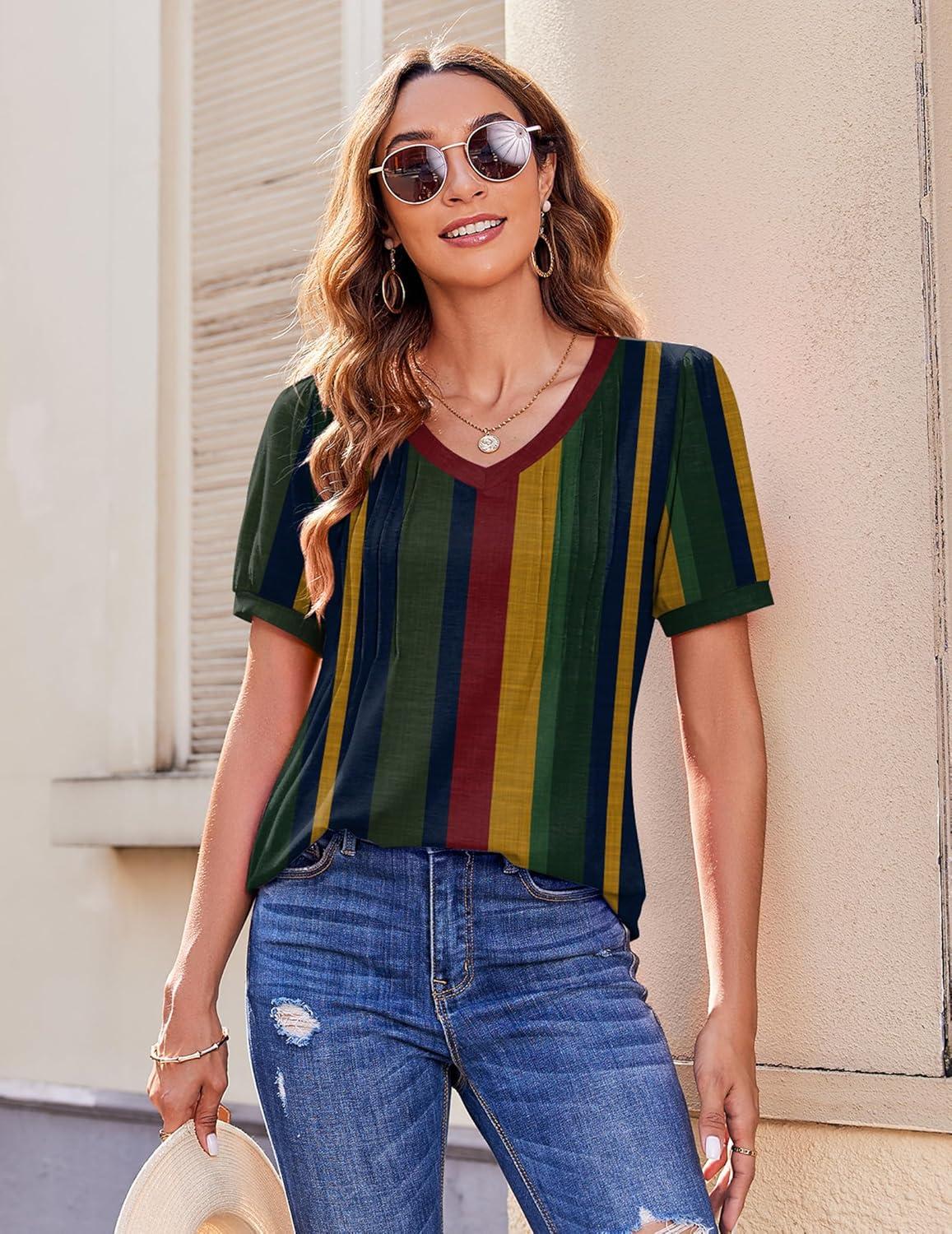 imageZeagoo Womens Puff Short Sleeve Boho Shirts Casual V Neck Floral Solid Summer Blouse Pleated Tunic TopStripe Tz275
