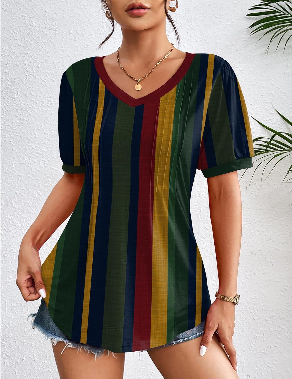 imageZeagoo Womens Puff Short Sleeve Boho Shirts Casual V Neck Floral Solid Summer Blouse Pleated Tunic TopStripe Tz275