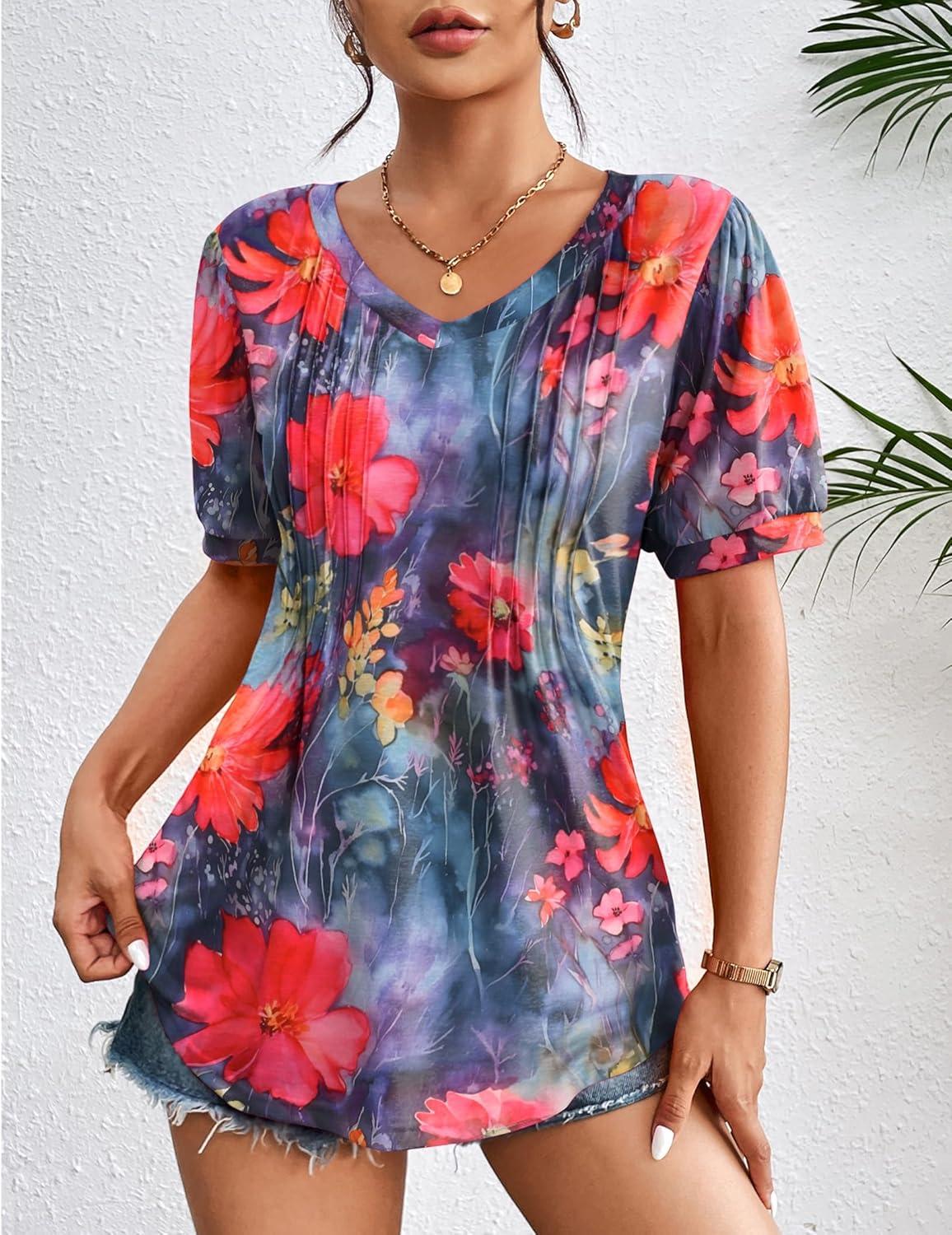 imageZeagoo Womens Puff Short Sleeve Boho Shirts Casual V Neck Floral Solid Summer Blouse Pleated Tunic TopWf19