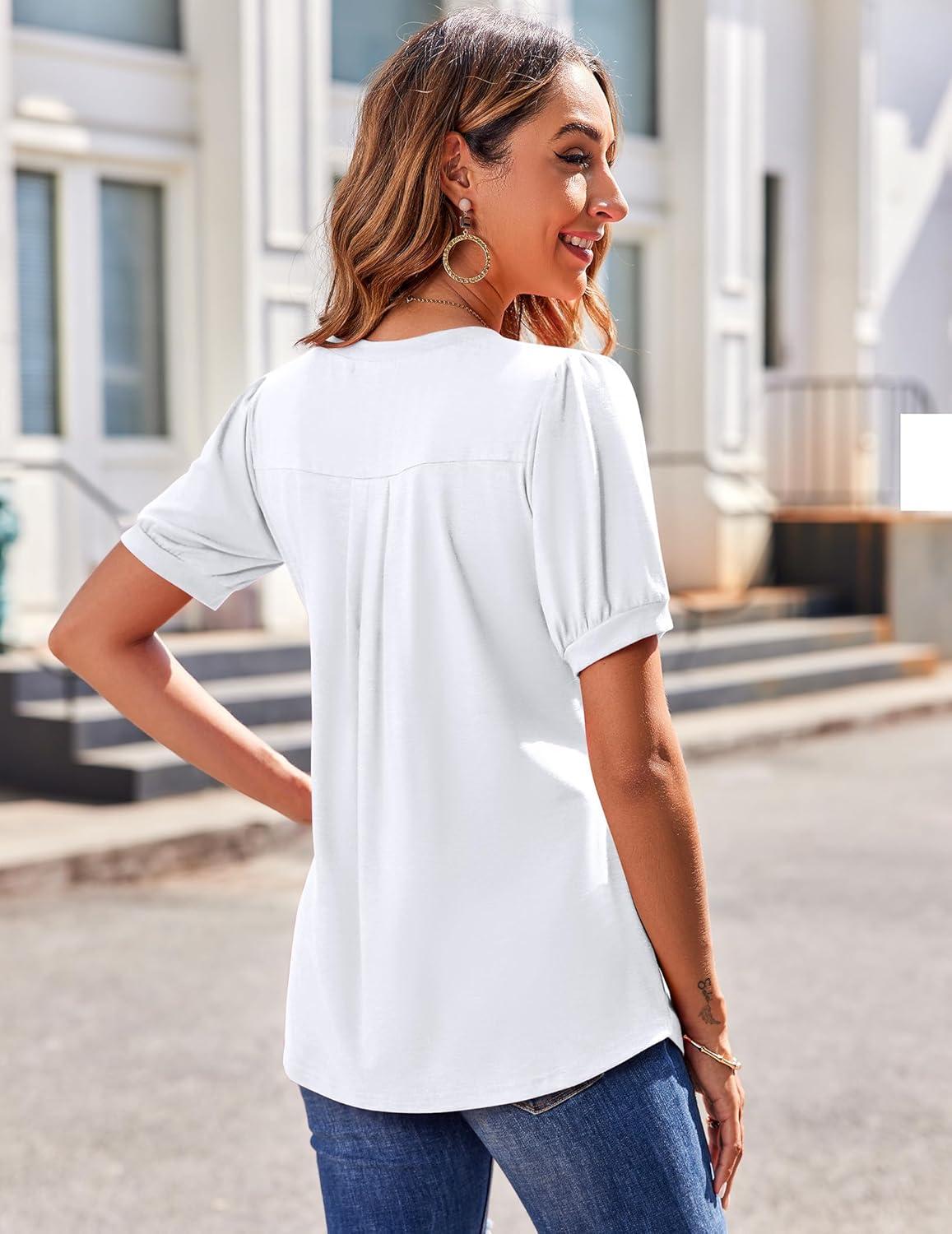imageZeagoo Womens Puff Short Sleeve Boho Shirts Casual V Neck Floral Solid Summer Blouse Pleated Tunic TopWhite