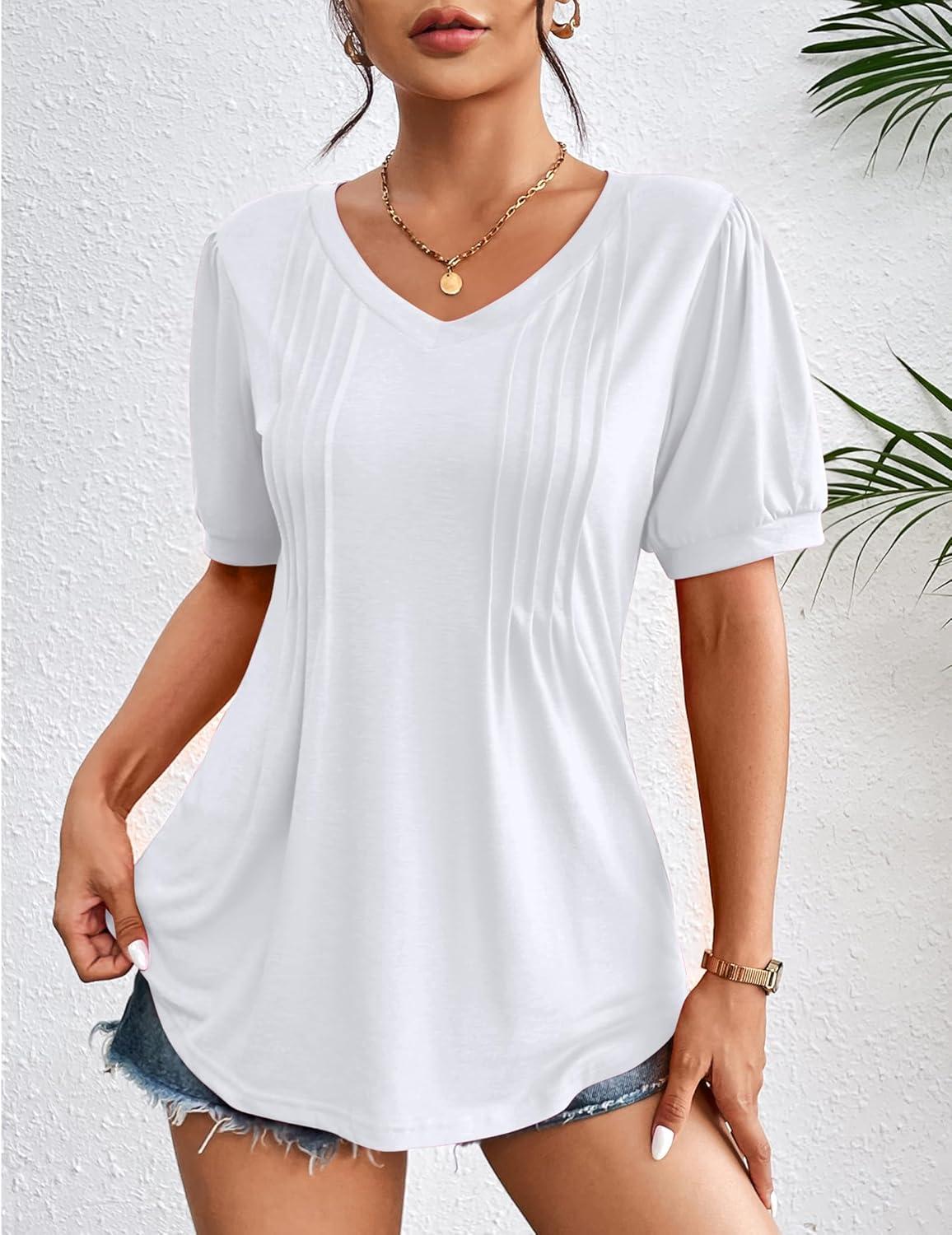 imageZeagoo Womens Puff Short Sleeve Boho Shirts Casual V Neck Floral Solid Summer Blouse Pleated Tunic TopWhite