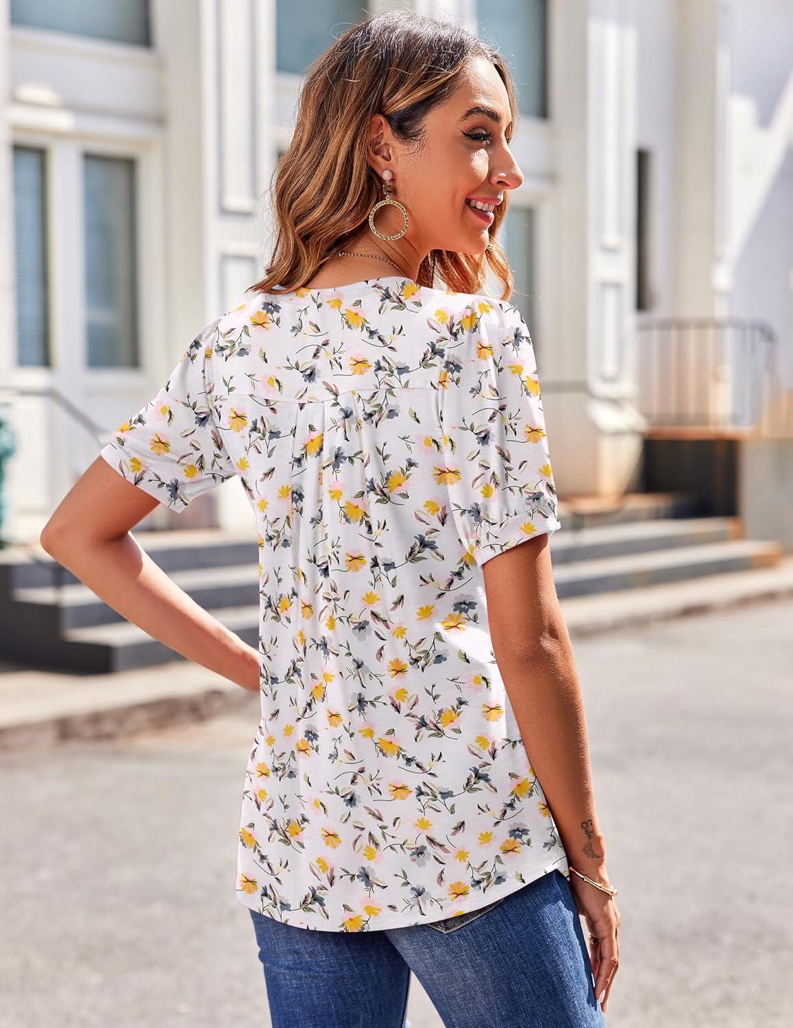 imageZeagoo Womens Puff Short Sleeve Boho Shirts Casual V Neck Floral Solid Summer Blouse Pleated Tunic TopXh178