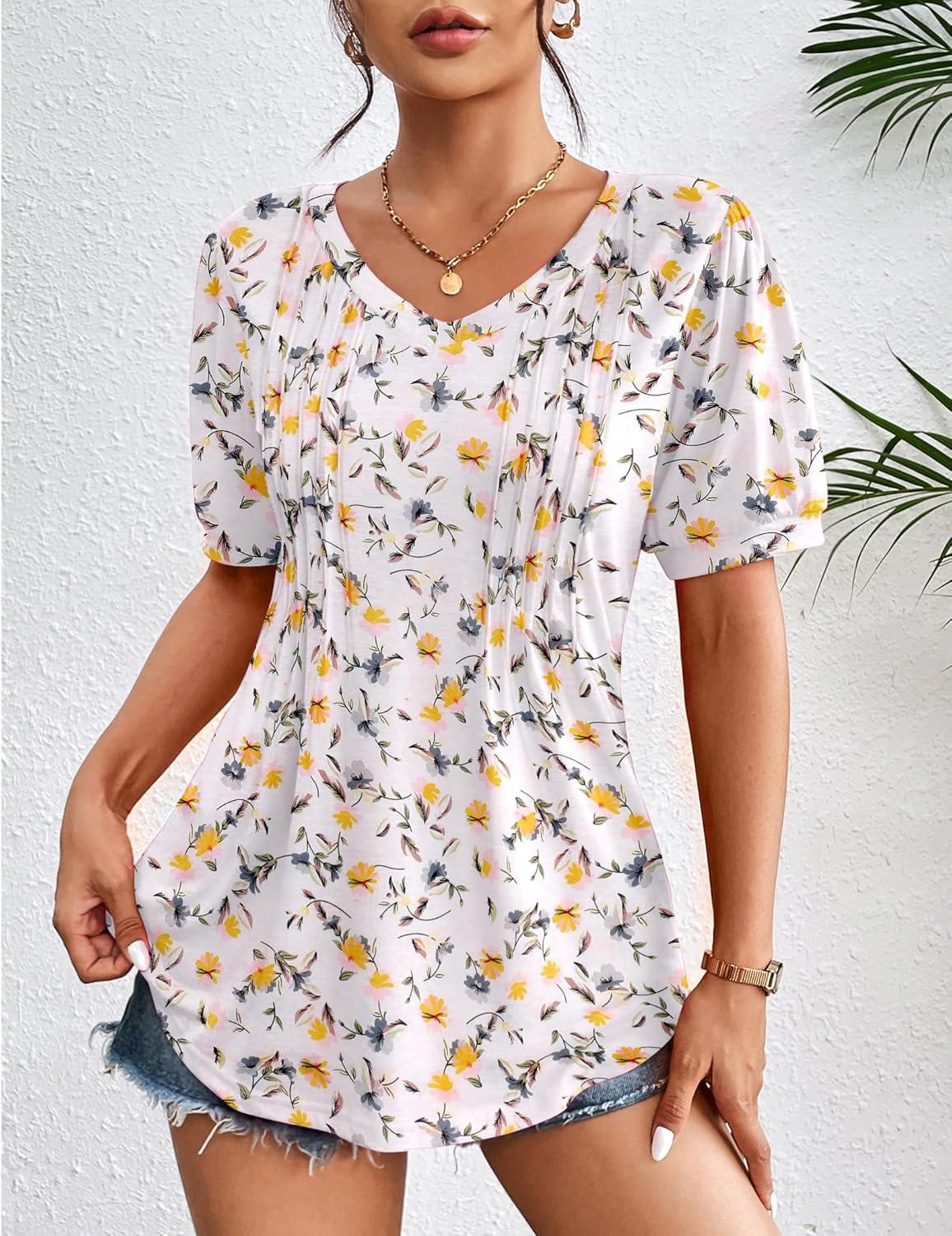imageZeagoo Womens Puff Short Sleeve Boho Shirts Casual V Neck Floral Solid Summer Blouse Pleated Tunic TopXh178