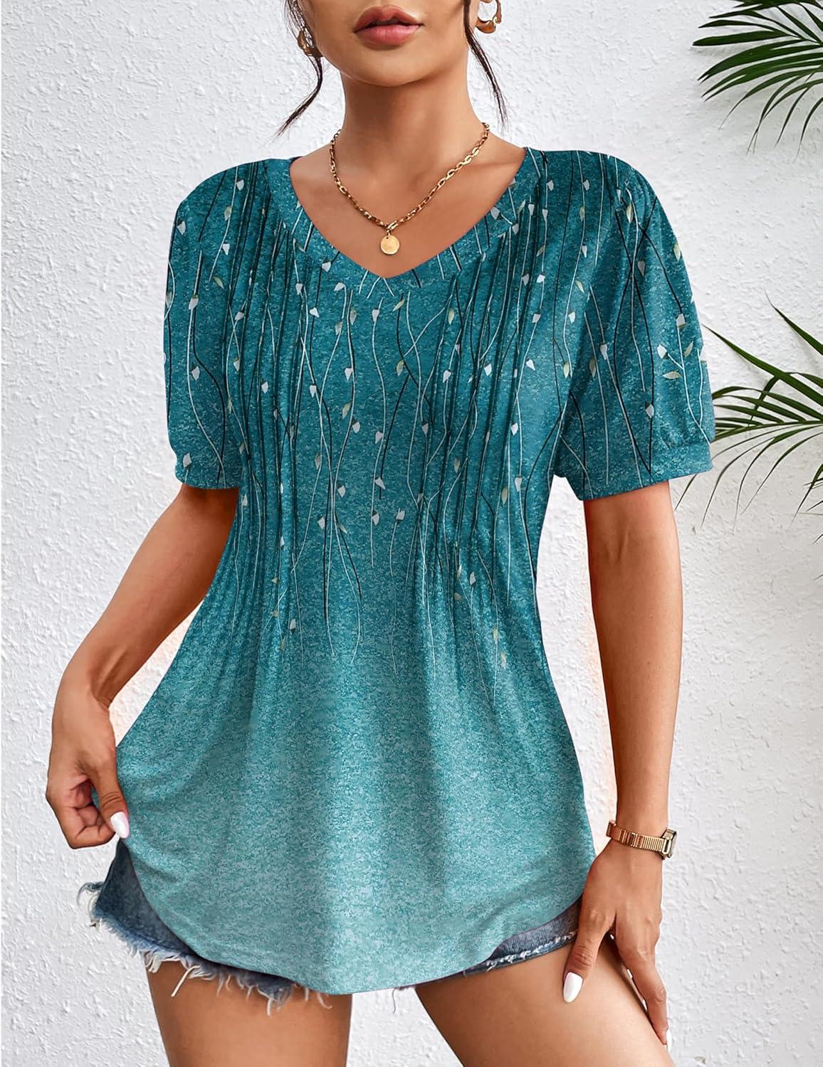 imageZeagoo Womens Puff Short Sleeve Boho Shirts Casual V Neck Floral Solid Summer Blouse Pleated Tunic TopXh363