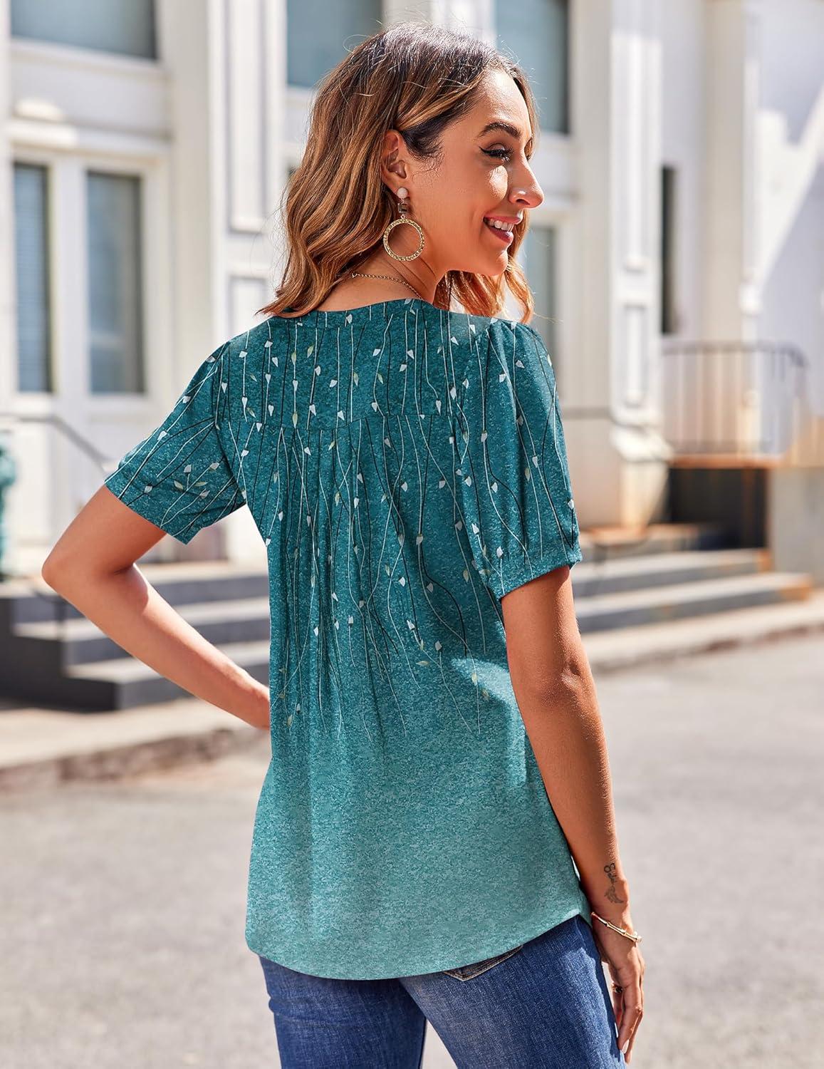 imageZeagoo Womens Puff Short Sleeve Boho Shirts Casual V Neck Floral Solid Summer Blouse Pleated Tunic TopXh363