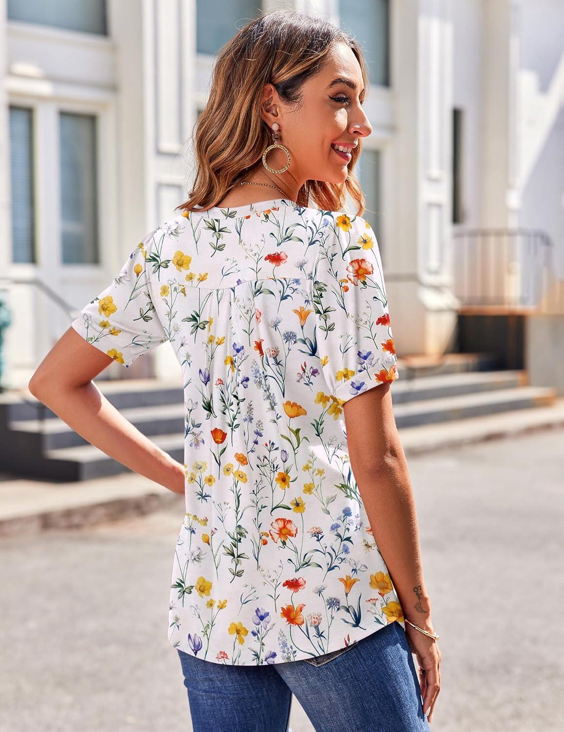 imageZeagoo Womens Puff Short Sleeve Boho Shirts Casual V Neck Floral Solid Summer Blouse Pleated Tunic TopXh403