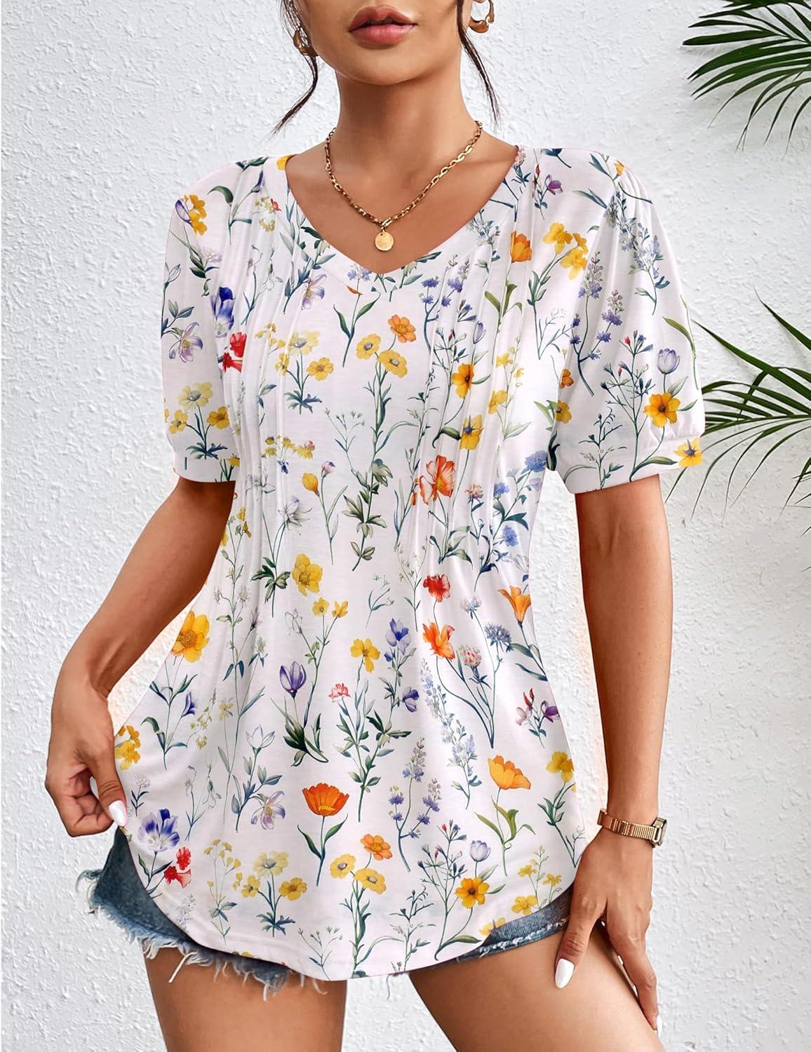 imageZeagoo Womens Puff Short Sleeve Boho Shirts Casual V Neck Floral Solid Summer Blouse Pleated Tunic TopXh403