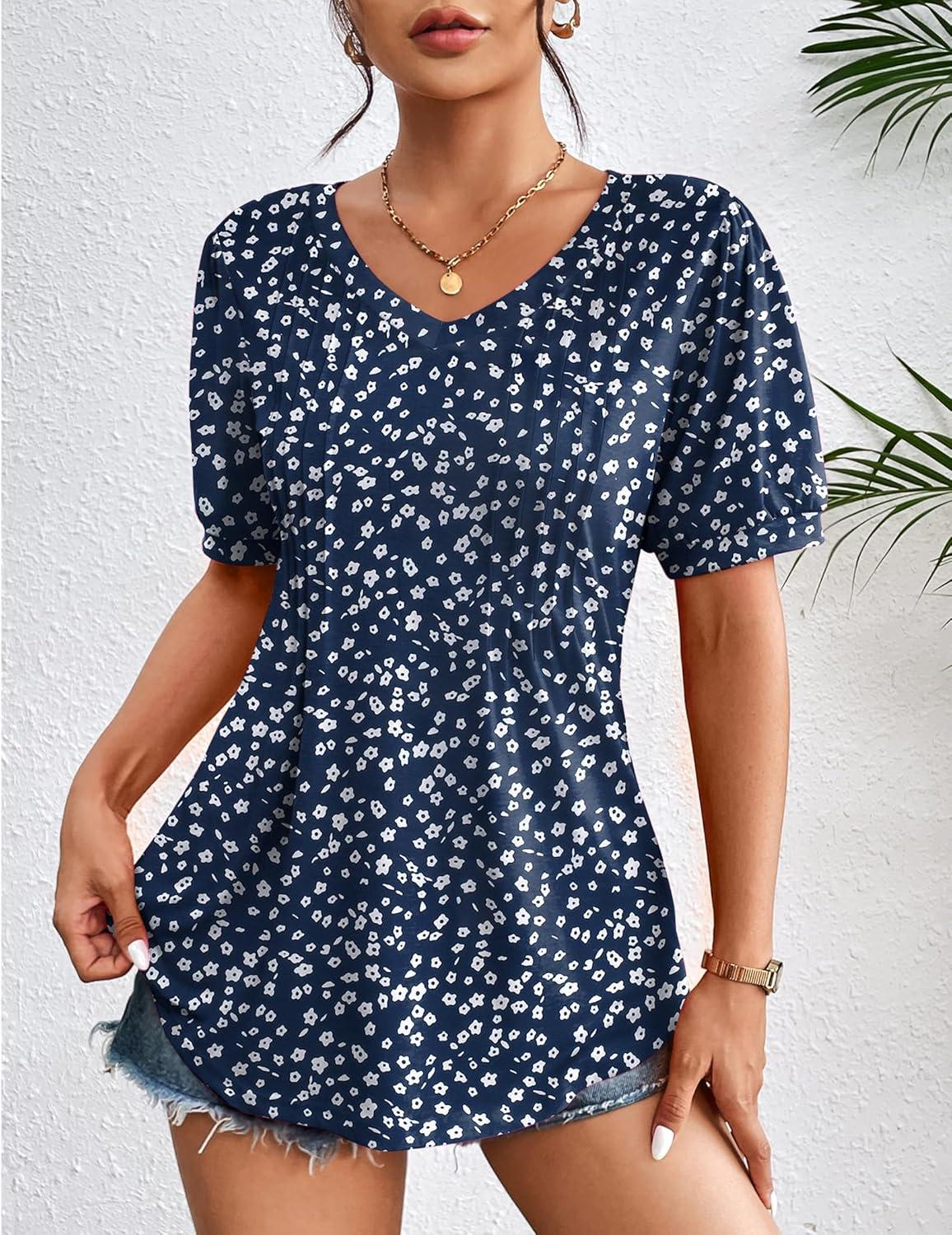 imageZeagoo Womens Puff Short Sleeve Boho Shirts Casual V Neck Floral Solid Summer Blouse Pleated Tunic TopXh44