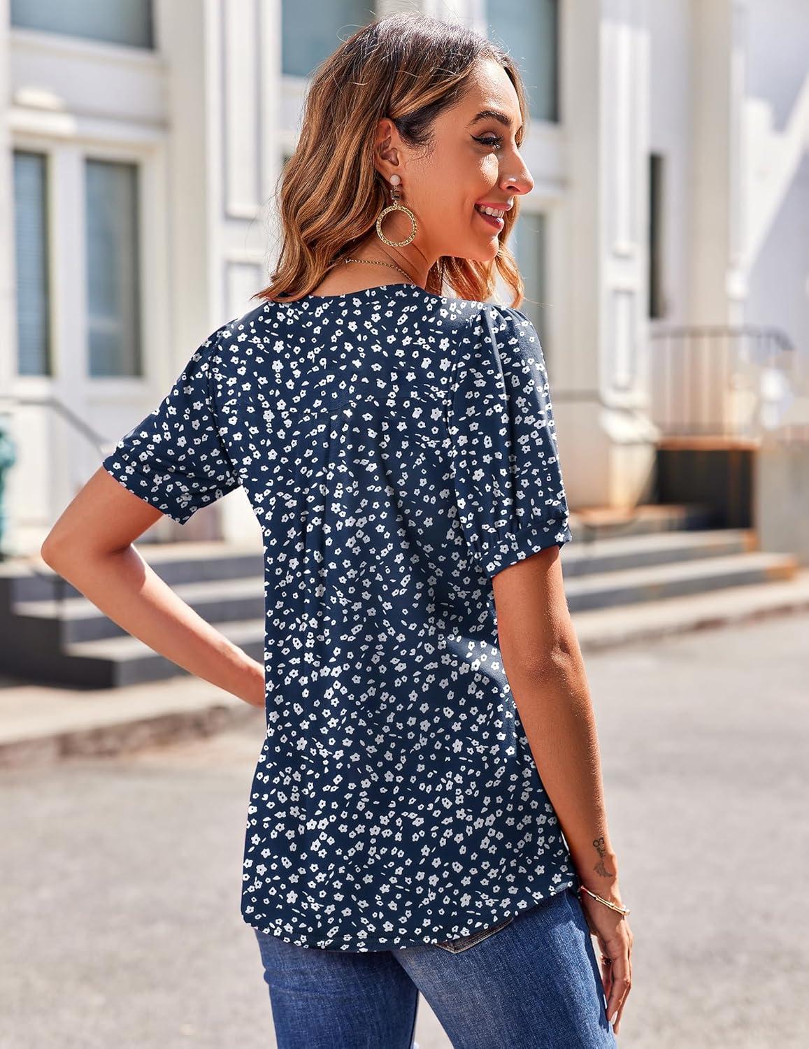 imageZeagoo Womens Puff Short Sleeve Boho Shirts Casual V Neck Floral Solid Summer Blouse Pleated Tunic TopXh44