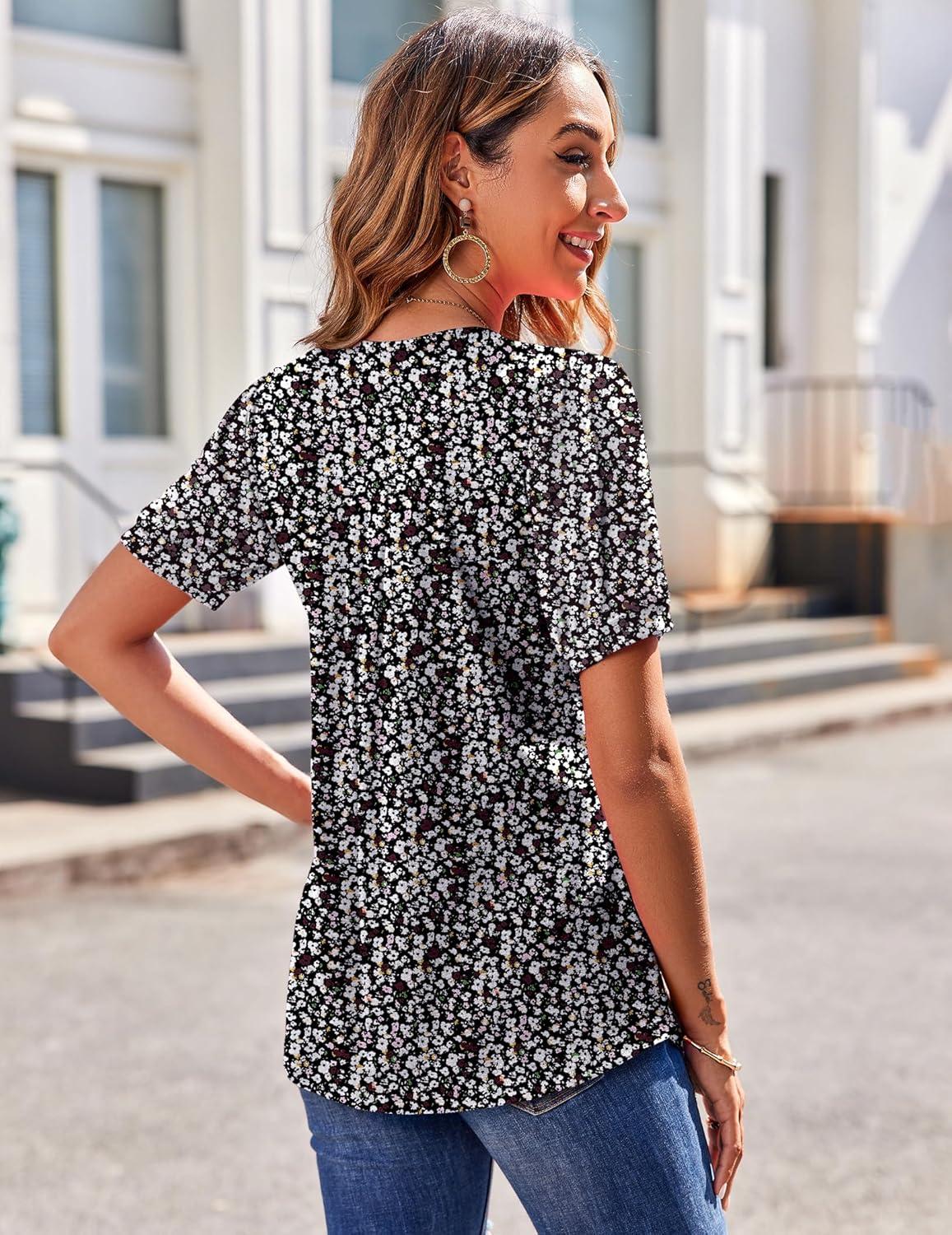 imageZeagoo Womens Puff Short Sleeve Boho Shirts Casual V Neck Floral Solid Summer Blouse Pleated Tunic TopXh5