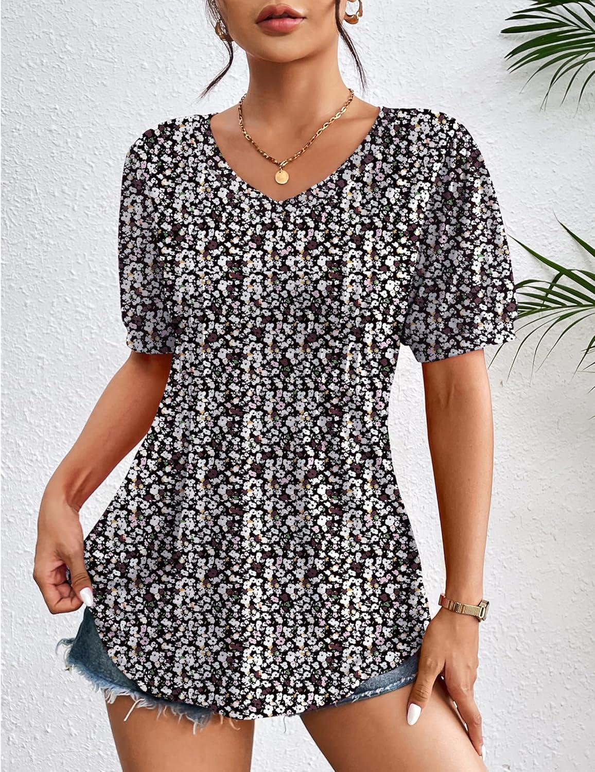 imageZeagoo Womens Puff Short Sleeve Boho Shirts Casual V Neck Floral Solid Summer Blouse Pleated Tunic TopXh5