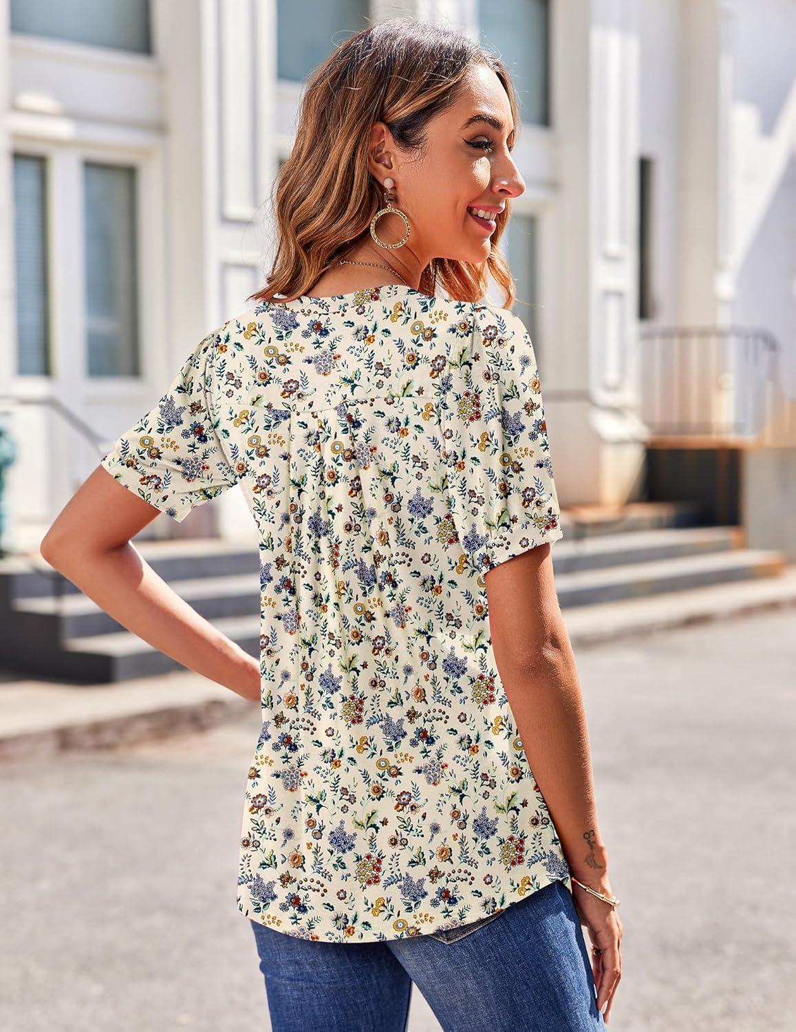 imageZeagoo Womens Puff Short Sleeve Boho Shirts Casual V Neck Floral Solid Summer Blouse Pleated Tunic TopXh51