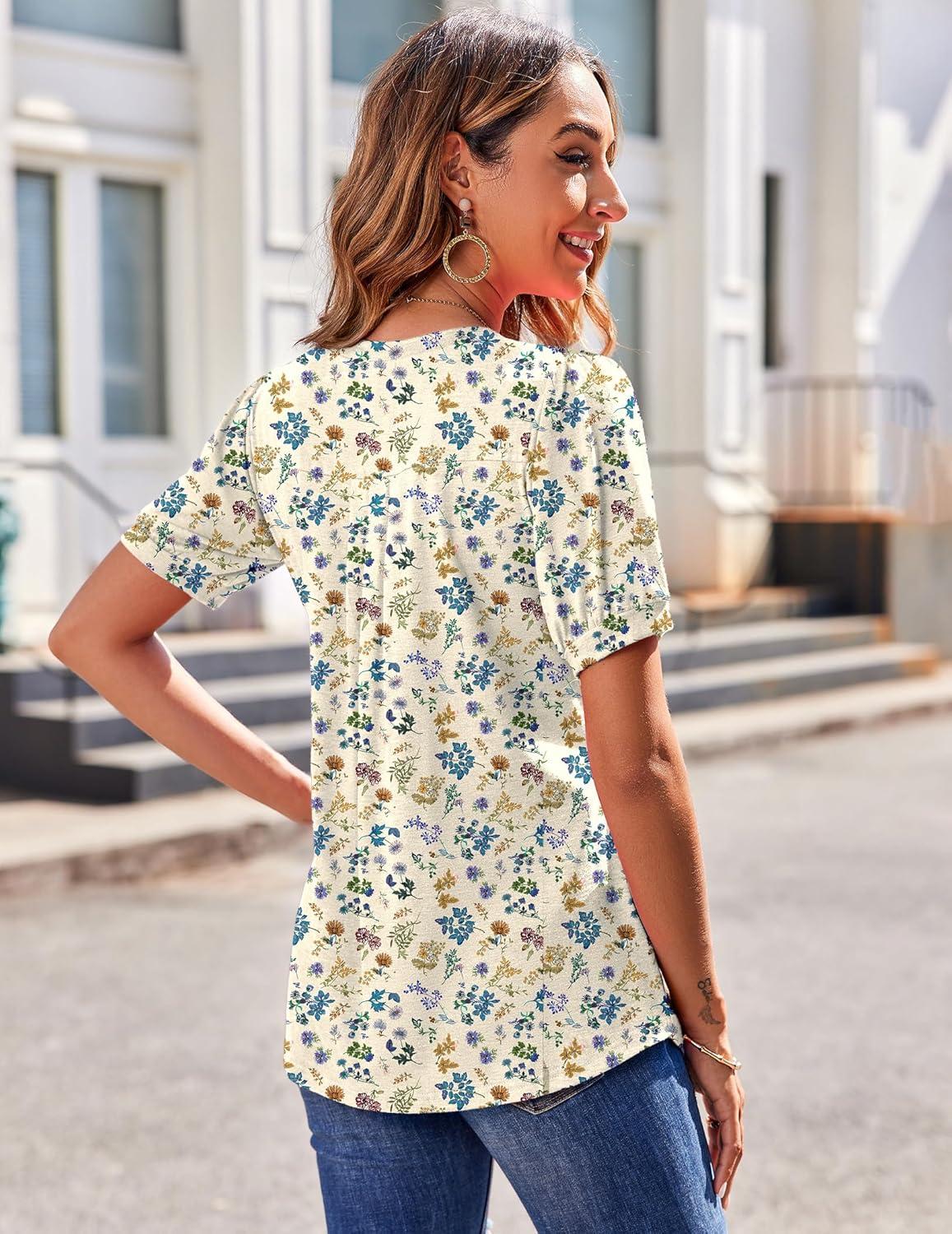 imageZeagoo Womens Puff Short Sleeve Boho Shirts Casual V Neck Floral Solid Summer Blouse Pleated Tunic TopXh51