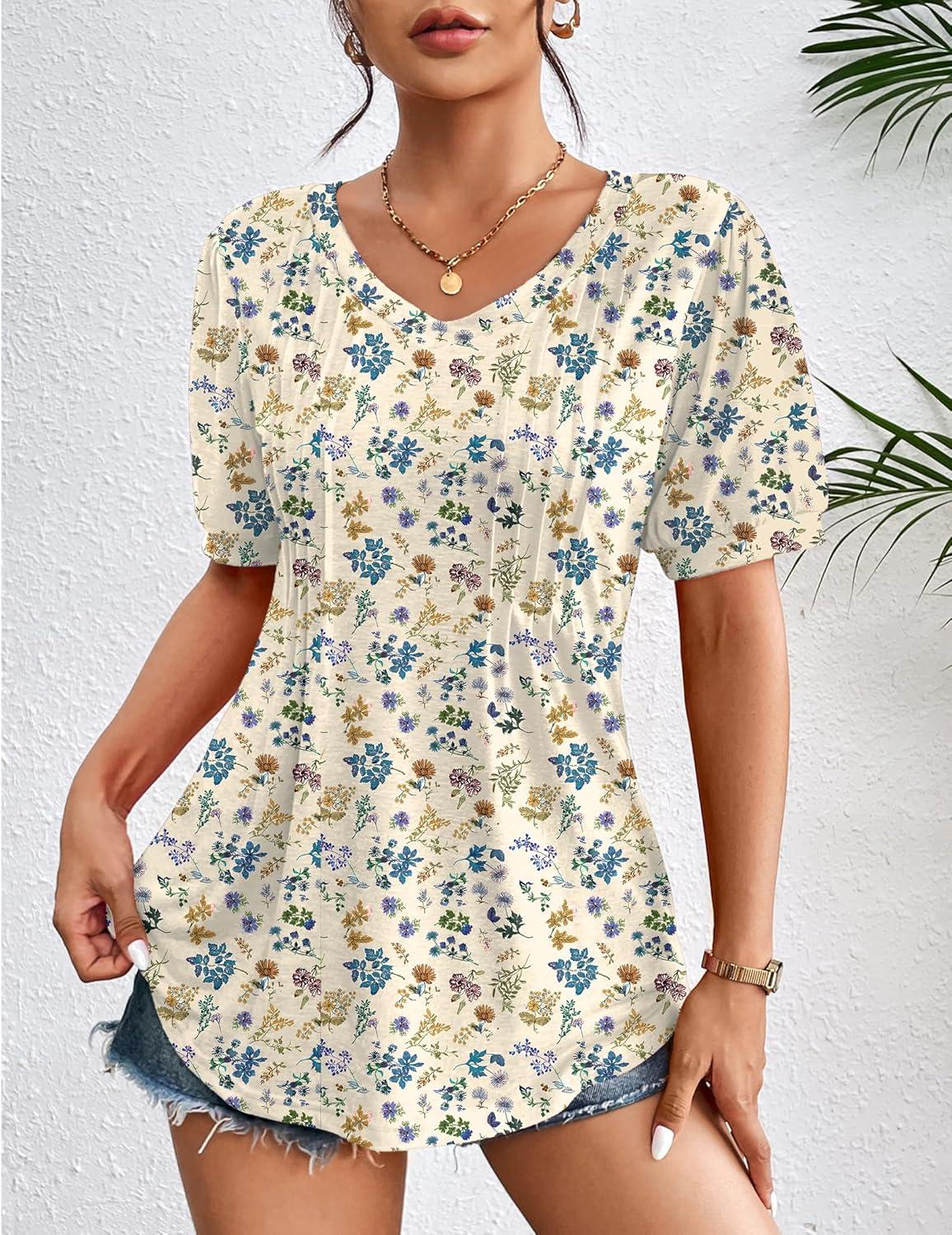 imageZeagoo Womens Puff Short Sleeve Boho Shirts Casual V Neck Floral Solid Summer Blouse Pleated Tunic TopXh51