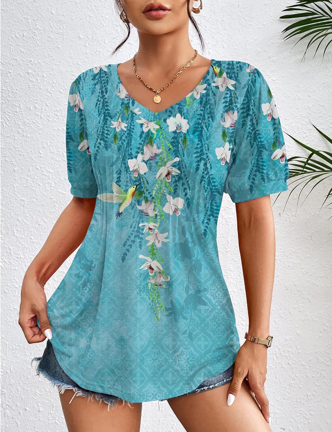 imageZeagoo Womens Puff Short Sleeve Boho Shirts Casual V Neck Floral Solid Summer Blouse Pleated Tunic TopZw89