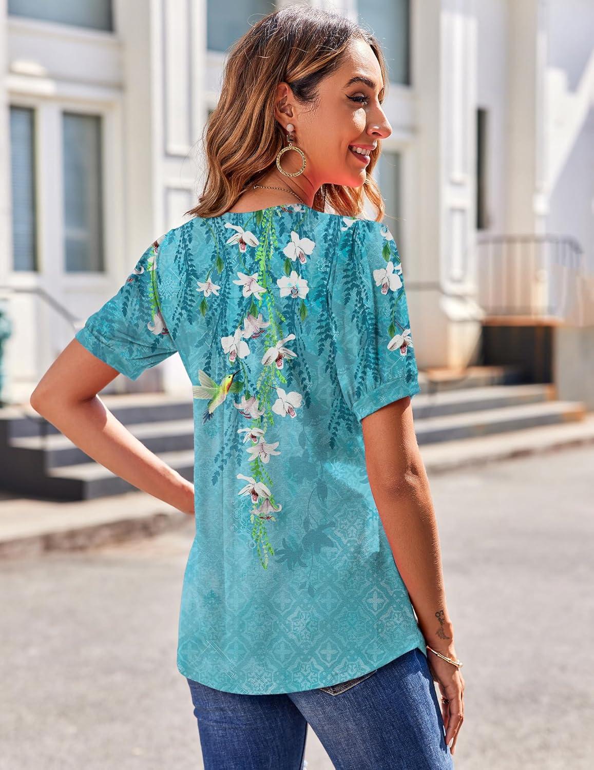 imageZeagoo Womens Puff Short Sleeve Boho Shirts Casual V Neck Floral Solid Summer Blouse Pleated Tunic TopZw89