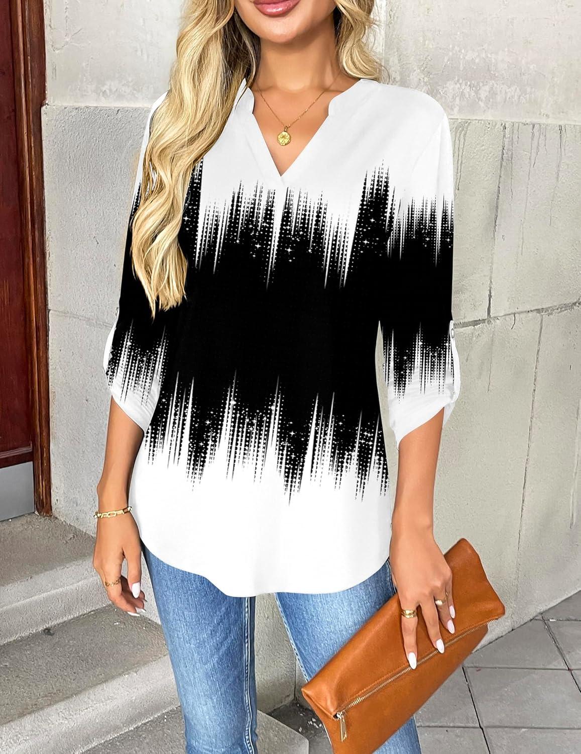 imageZeagoo Womens Roll Up Long Sleeve Tops V Neck Shirts Dressy Casual Work Blouses S2XLJb204
