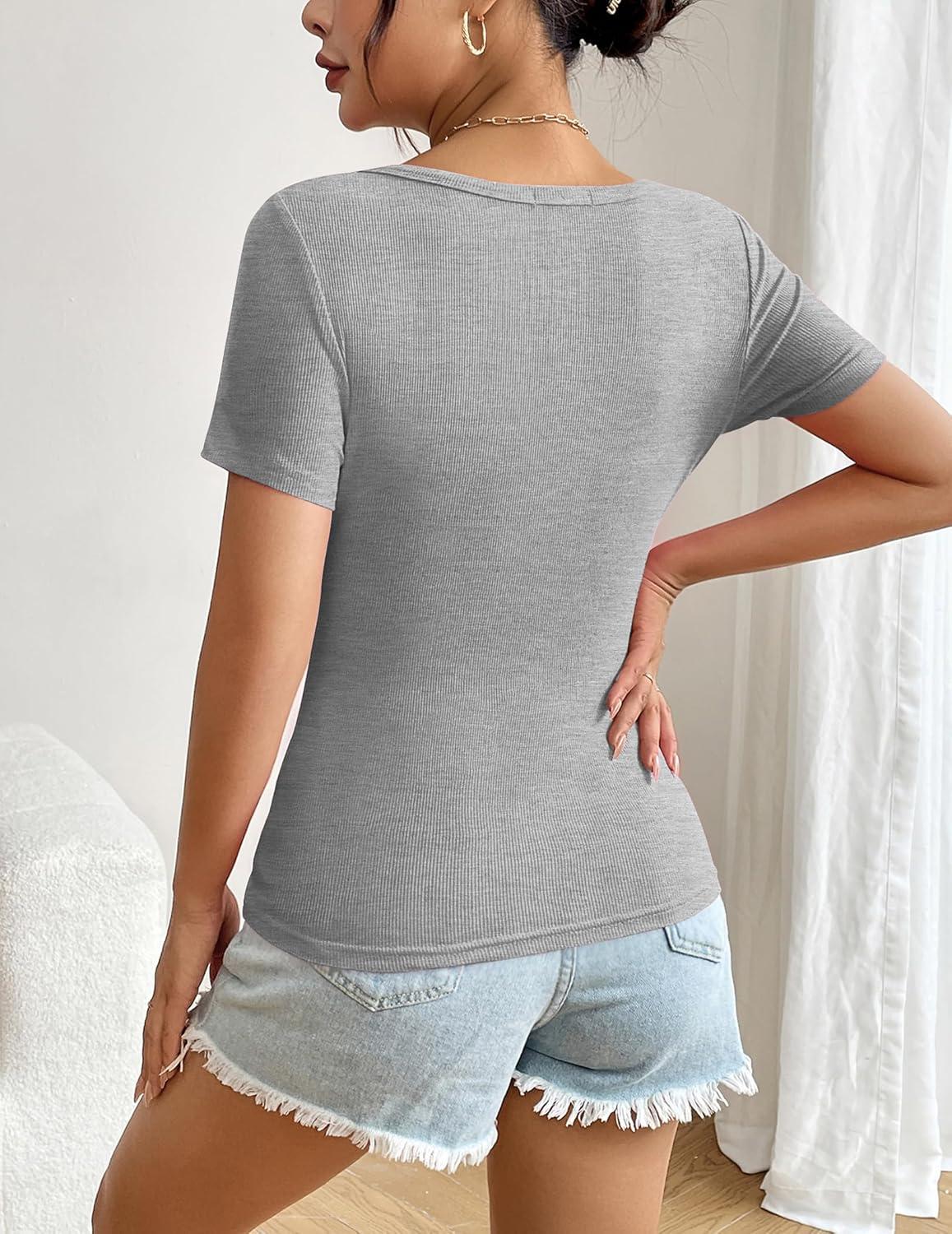 imageZeagoo Womens Short Sleeve T Shirts Casual Summer Basic Scoop Neck Slim Fit Rib Knit Business Work Tee TopsLight Grey