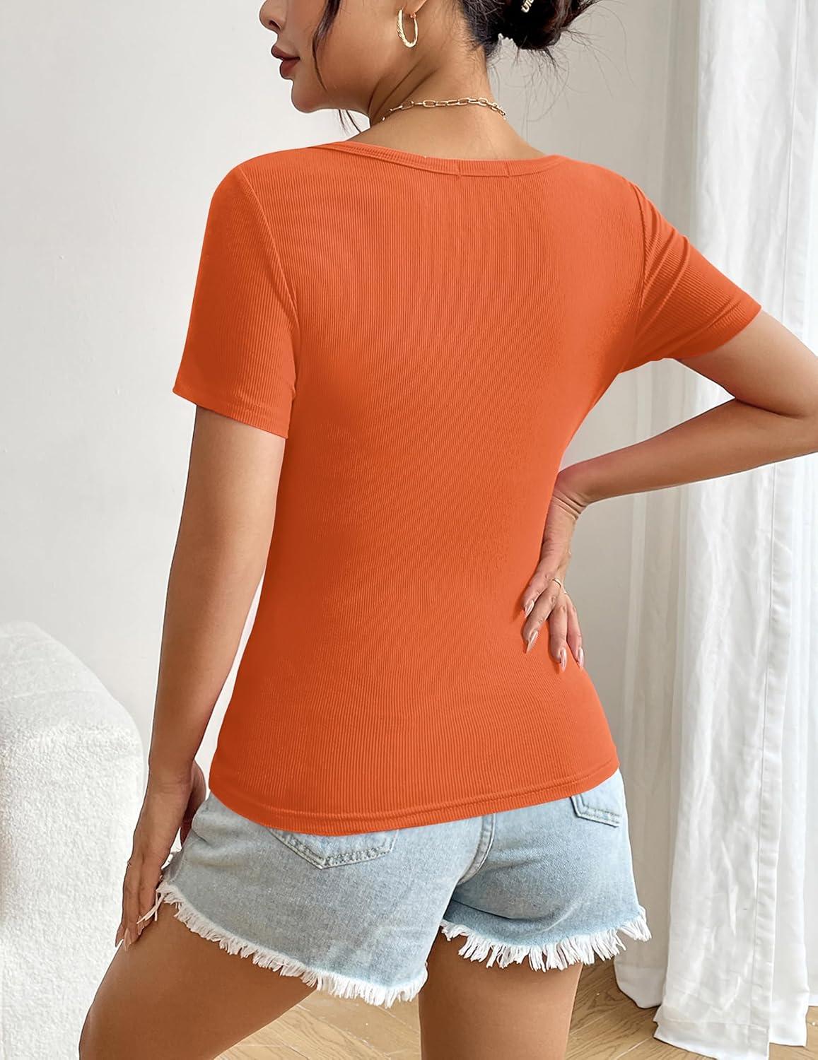 imageZeagoo Womens Short Sleeve T Shirts Casual Summer Basic Scoop Neck Slim Fit Rib Knit Business Work Tee TopsOrange