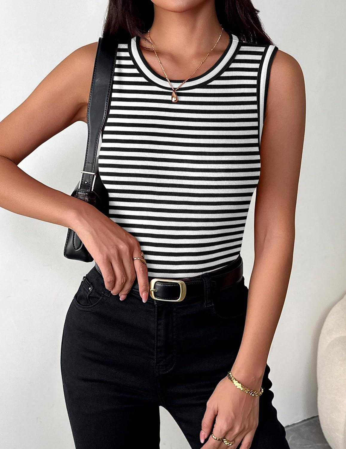 imageZeagoo Womens Sleeveless Crewneck Ribbed Tank Tops Casual Basic Summer Top Slim Fitted Racerback ShirtsA Stripe Black White