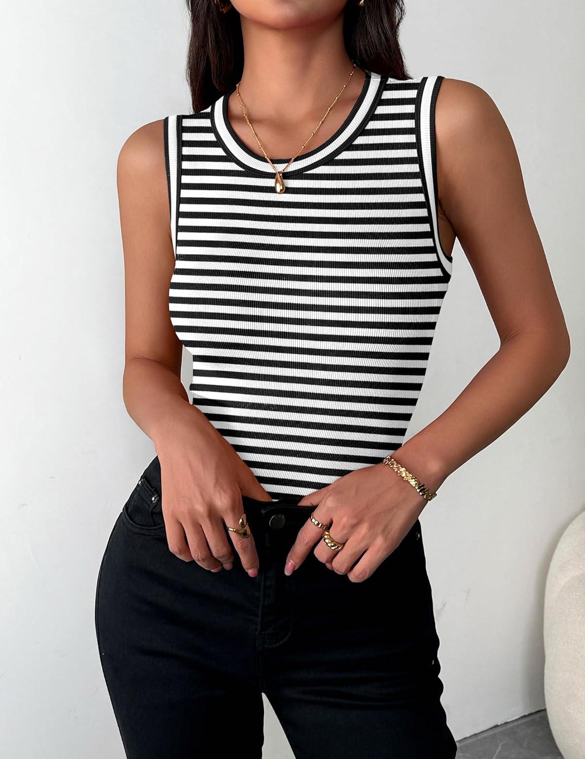 imageZeagoo Womens Sleeveless Crewneck Ribbed Tank Tops Casual Basic Summer Top Slim Fitted Racerback ShirtsA Stripe Black White