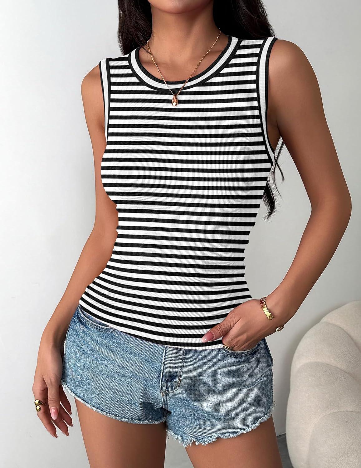 imageZeagoo Womens Sleeveless Crewneck Ribbed Tank Tops Casual Basic Summer Top Slim Fitted Racerback ShirtsA Stripe Black White