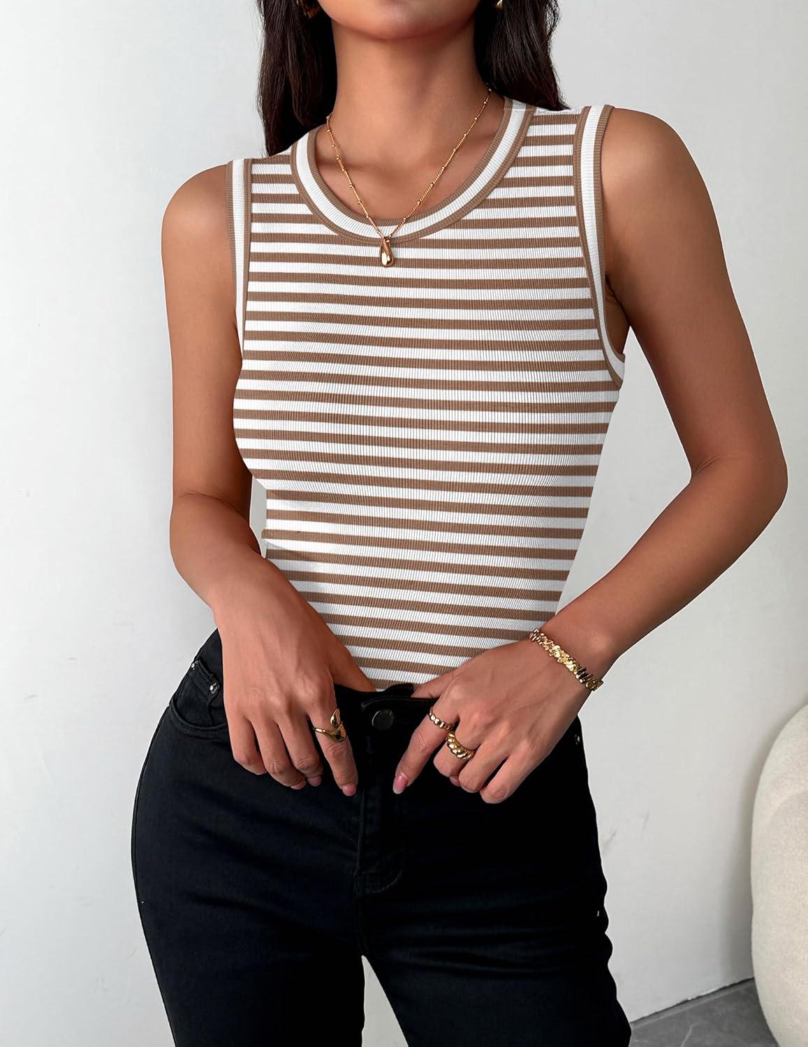 imageZeagoo Womens Sleeveless Crewneck Ribbed Tank Tops Casual Basic Summer Top Slim Fitted Racerback ShirtsB Stripe Brown White
