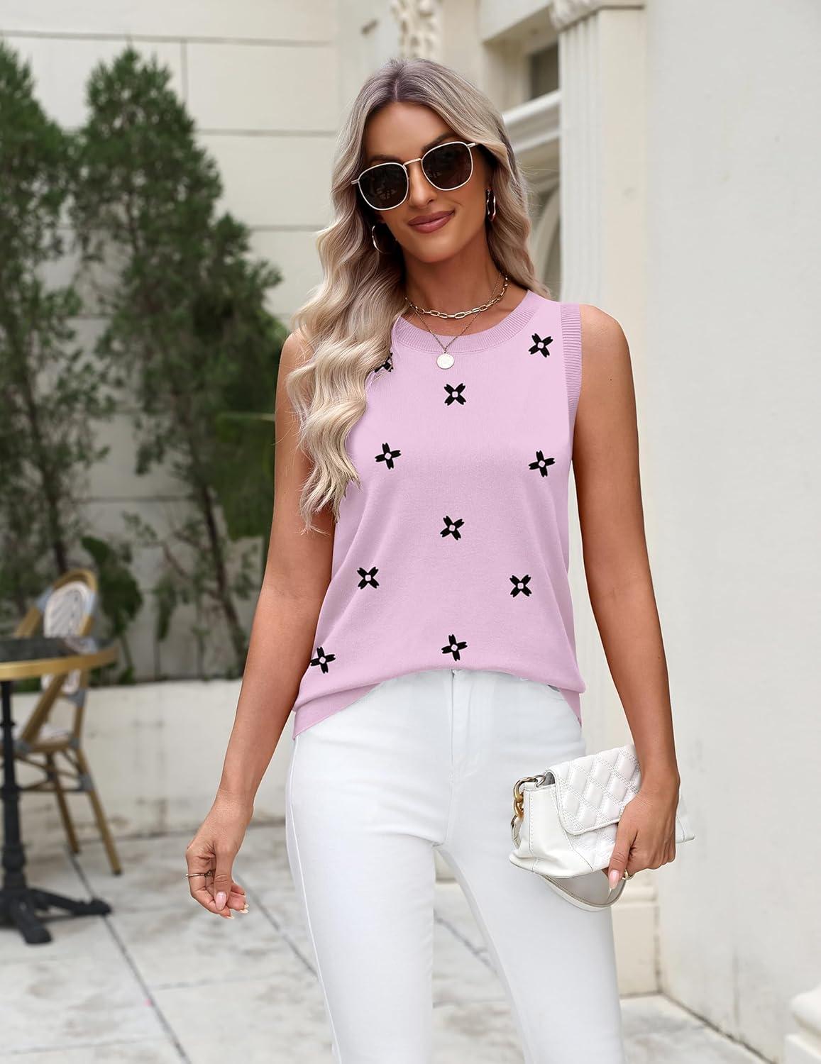 imageZeagoo Womens Sleeveless Sweater Vest 2026 Summer Crew Neck Ribbed Knit Work Shirts Business Casual Tank TopsAflower Pink