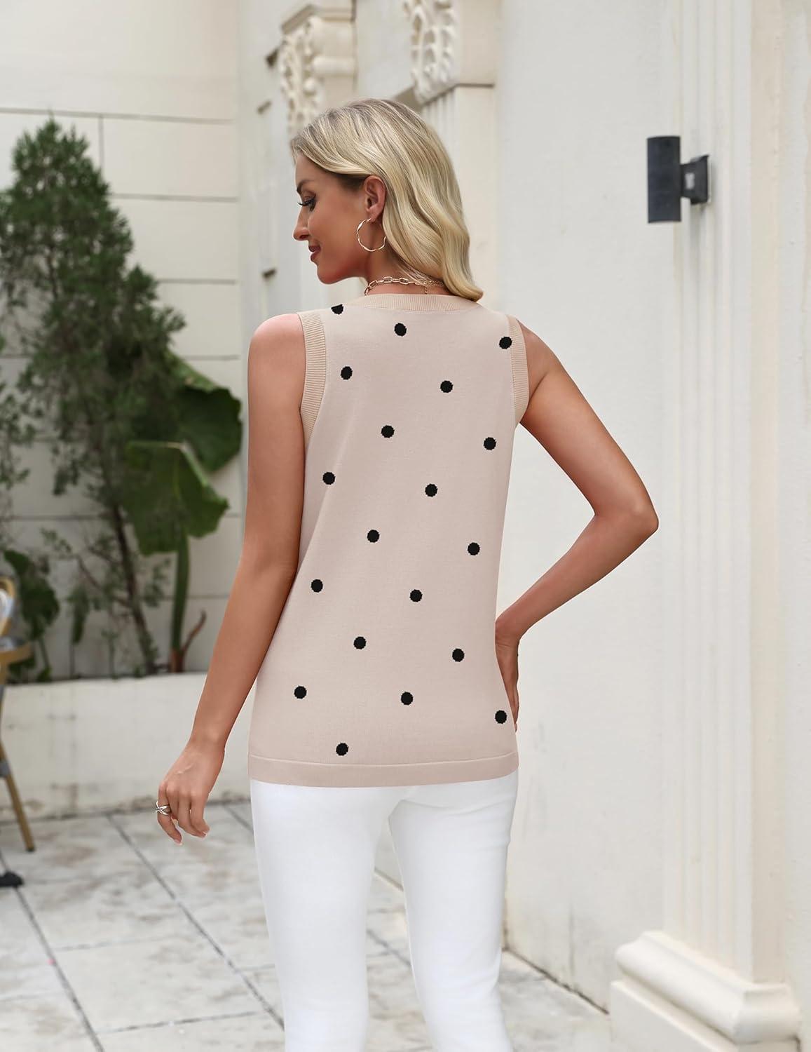imageZeagoo Womens Sleeveless Sweater Vest 2026 Summer Crew Neck Ribbed Knit Work Shirts Business Casual Tank TopsApolka Dotkhaki