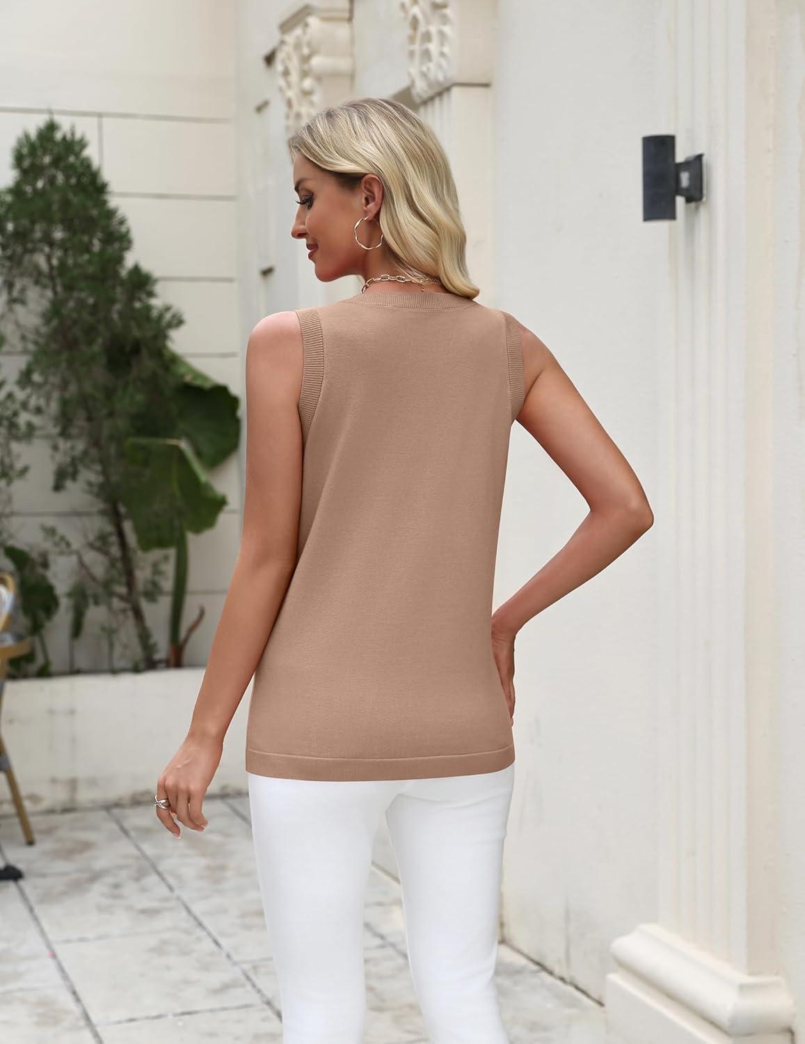 imageZeagoo Womens Sleeveless Sweater Vest 2026 Summer Crew Neck Ribbed Knit Work Shirts Business Casual Tank TopsKhaki
