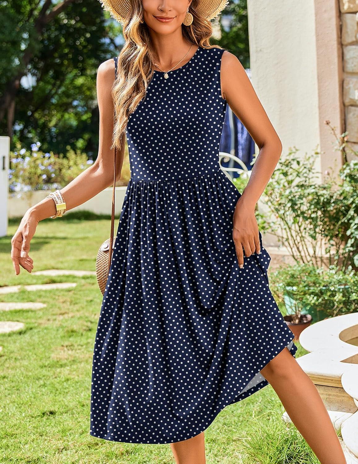 imageZeagoo Womens Summer Tank Midi Dress with Pockets Floral Sleeveless ALine Casual Loose TShirt Dresses Beach Sundress 202601blue Round Dot