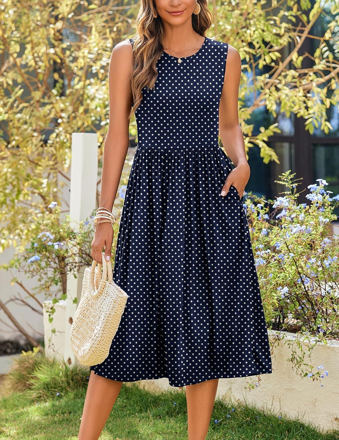 imageZeagoo Womens Summer Tank Midi Dress with Pockets Floral Sleeveless ALine Casual Loose TShirt Dresses Beach Sundress 202601blue Round Dot