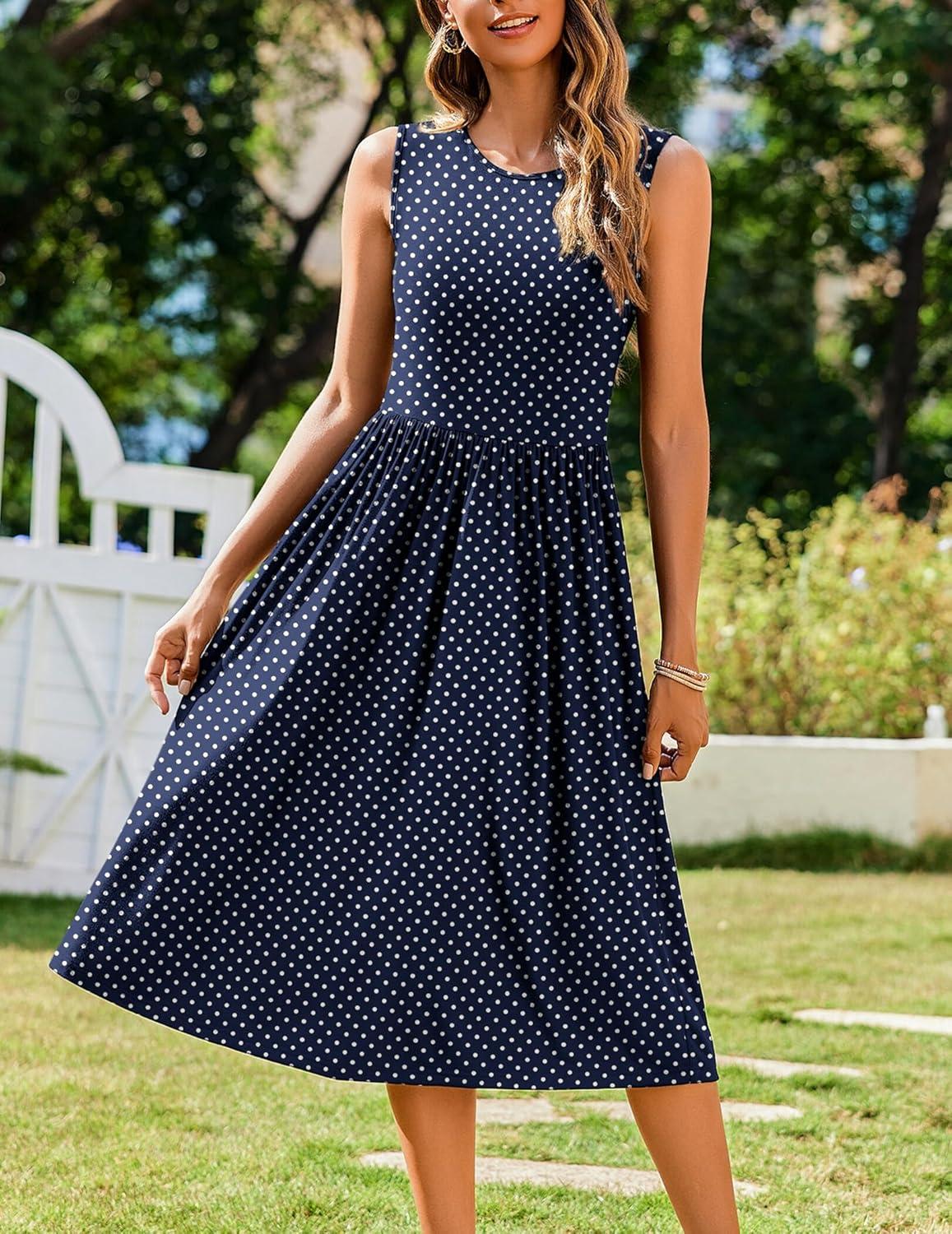 imageZeagoo Womens Summer Tank Midi Dress with Pockets Floral Sleeveless ALine Casual Loose TShirt Dresses Beach Sundress 202601blue Round Dot