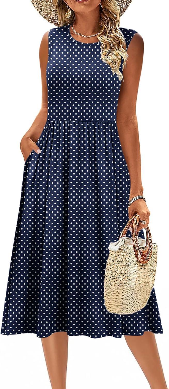 imageZeagoo Womens Summer Tank Midi Dress with Pockets Floral Sleeveless ALine Casual Loose TShirt Dresses Beach Sundress 202601blue Round Dot
