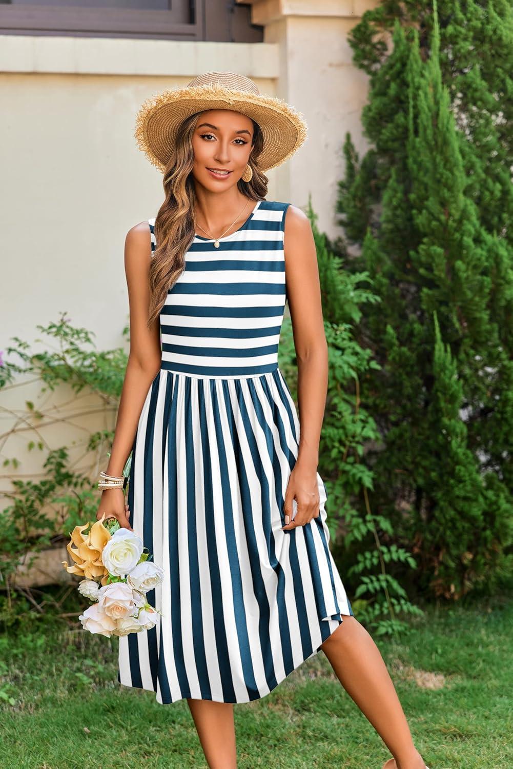 imageZeagoo Womens Summer Tank Midi Dress with Pockets Floral Sleeveless ALine Casual Loose TShirt Dresses Beach Sundress 2026Bluewhite Stripe