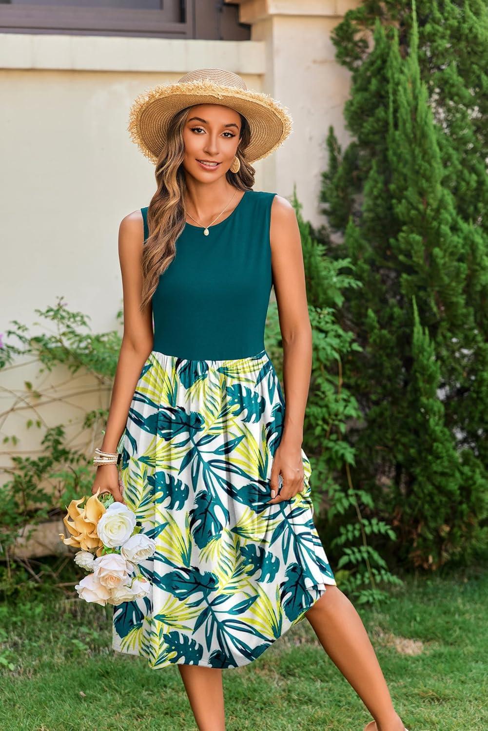 imageZeagoo Womens Summer Tank Midi Dress with Pockets Floral Sleeveless ALine Casual Loose TShirt Dresses Beach Sundress 2026Green Floral2 s