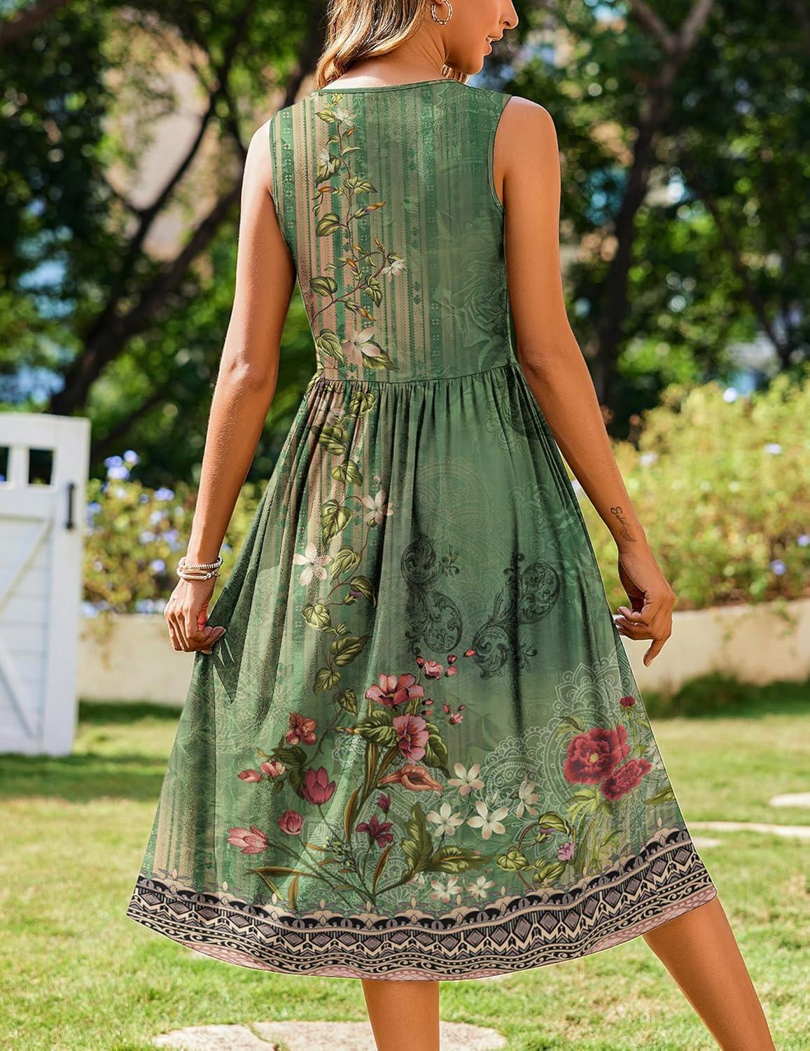 imageZeagoo Womens Summer Tank Midi Dress with Pockets Floral Sleeveless ALine Casual Loose TShirt Dresses Beach Sundress 2026Green Printed