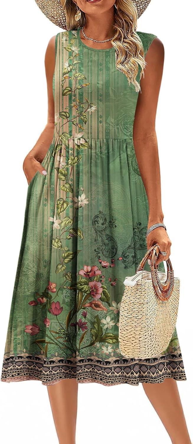 imageZeagoo Womens Summer Tank Midi Dress with Pockets Floral Sleeveless ALine Casual Loose TShirt Dresses Beach Sundress 2026Green Printed