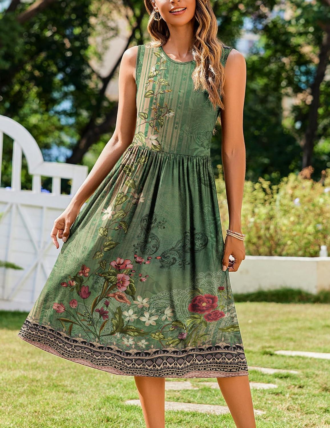 imageZeagoo Womens Summer Tank Midi Dress with Pockets Floral Sleeveless ALine Casual Loose TShirt Dresses Beach Sundress 2026Green Printed