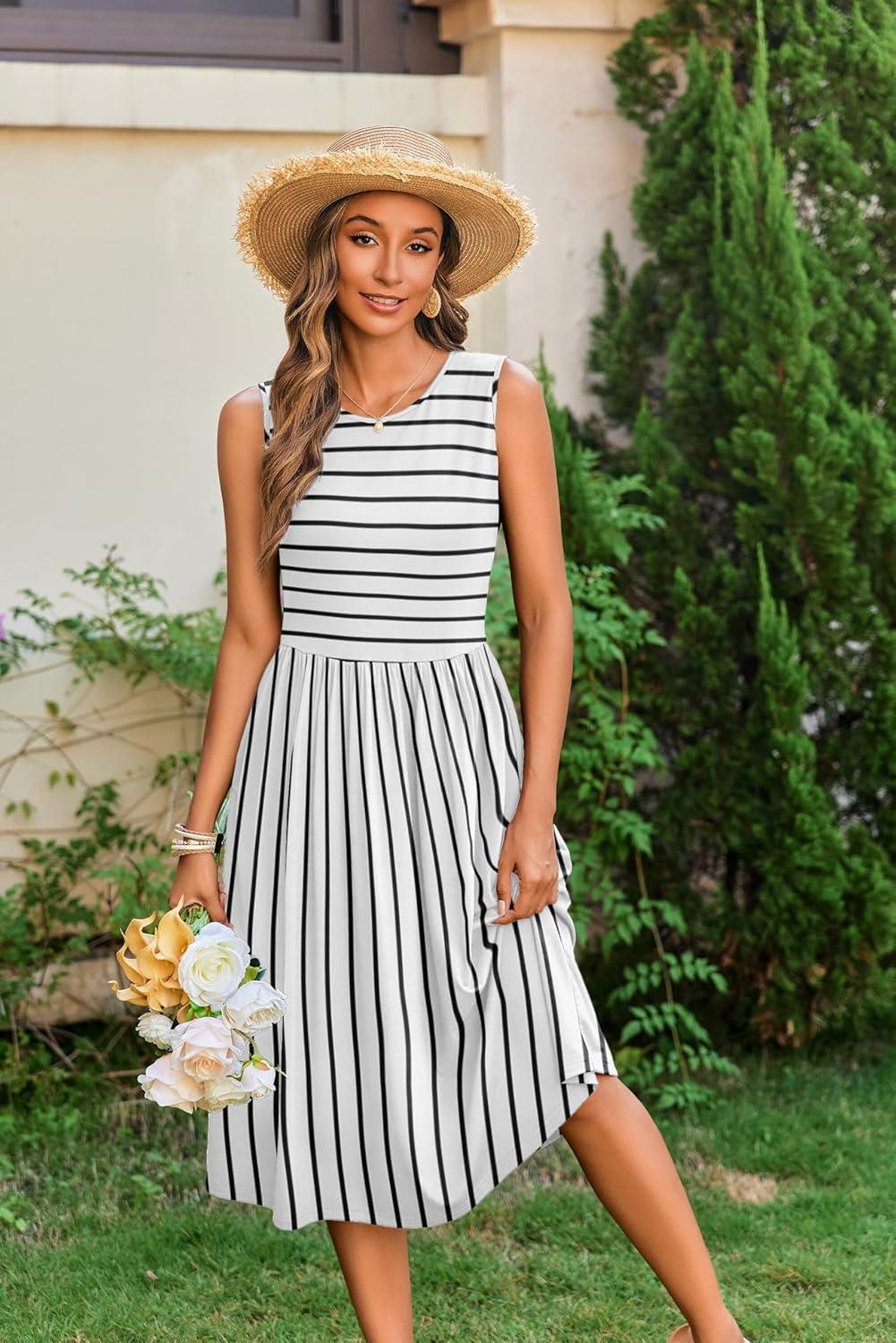 imageZeagoo Womens Summer Tank Midi Dress with Pockets Floral Sleeveless ALine Casual Loose TShirt Dresses Beach Sundress 2026White Black Stripe2