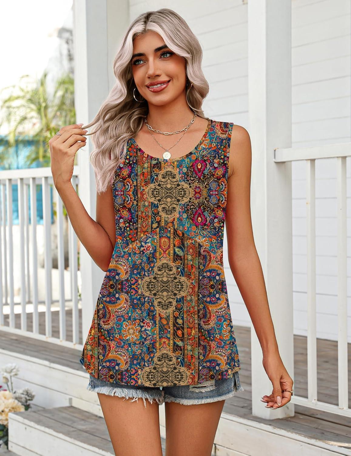 imageZeagoo Womens Summer Tank Tops Sleeveless Babydoll Tops Loose Fit Tunic Blouses Crew Neck Flowy Shirts S3XLAa Paisley Floral Print