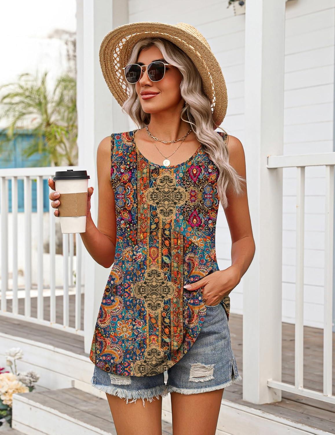 imageZeagoo Womens Summer Tank Tops Sleeveless Babydoll Tops Loose Fit Tunic Blouses Crew Neck Flowy Shirts S3XLAa Paisley Floral Print