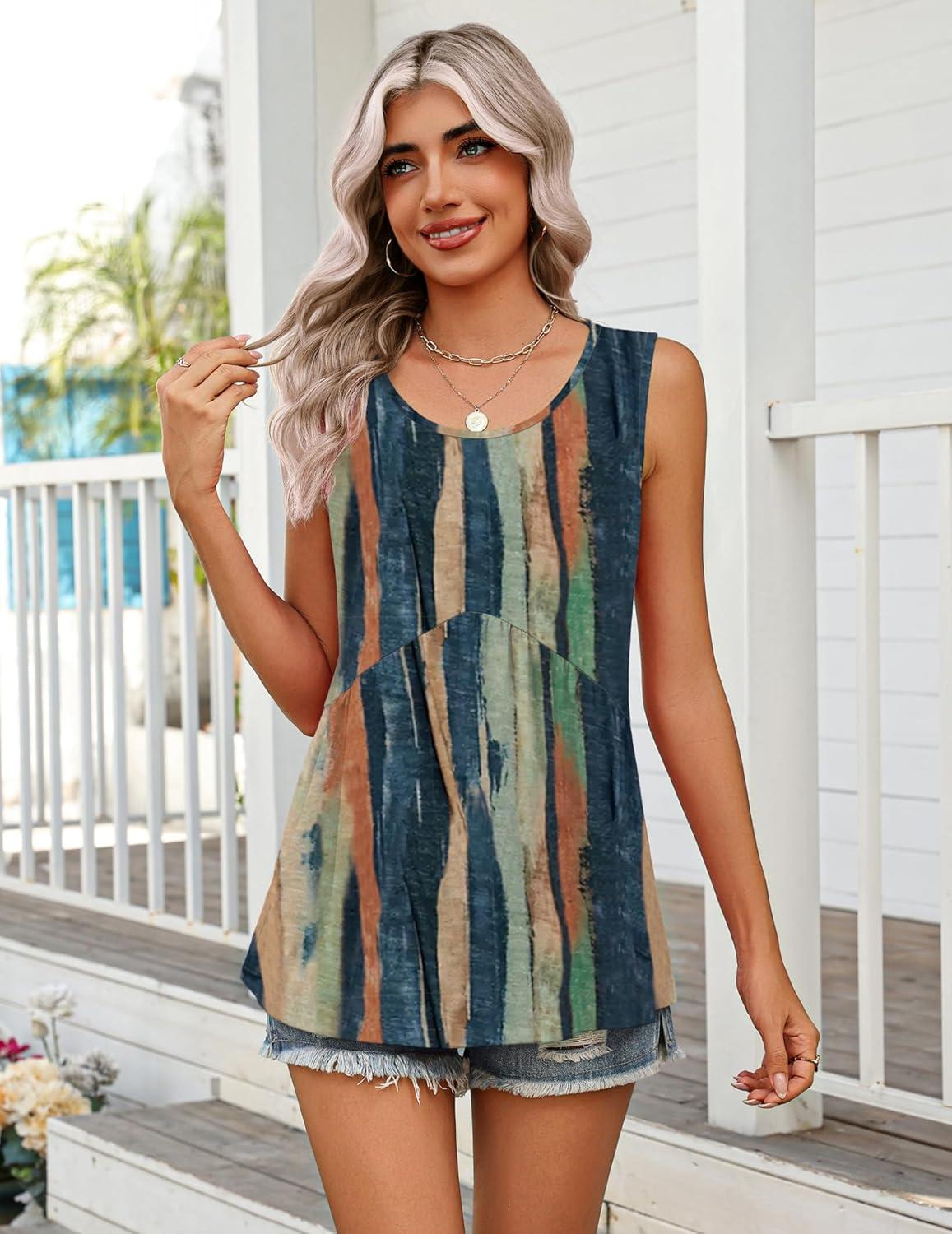 imageZeagoo Womens Summer Tank Tops Sleeveless Babydoll Tops Loose Fit Tunic Blouses Crew Neck Flowy Shirts S3XLBrushstroke Stripe