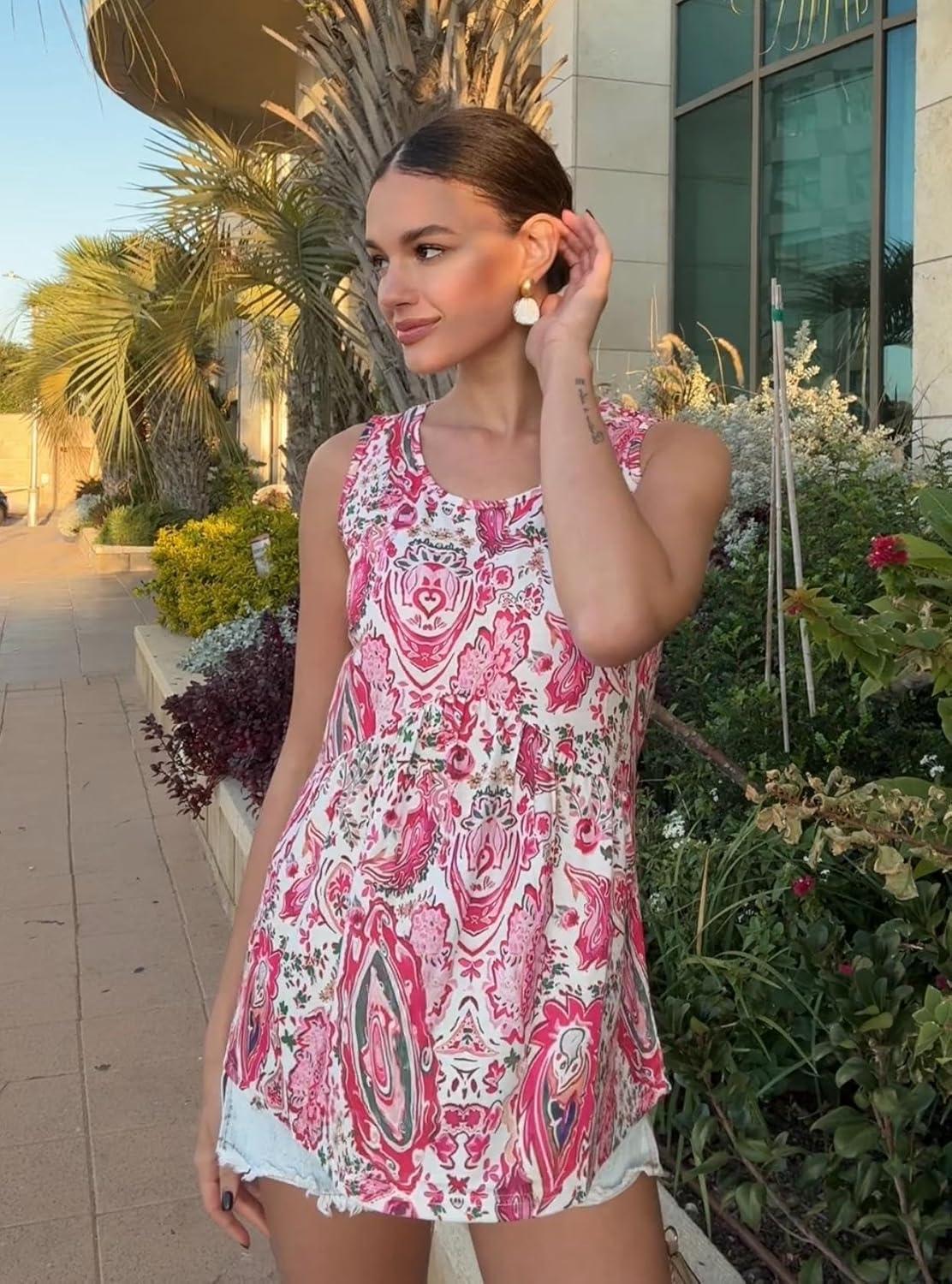 imageZeagoo Womens Summer Tank Tops Sleeveless Babydoll Tops Loose Fit Tunic Blouses Crew Neck Flowy Shirts S3XLPink Paisley Floral