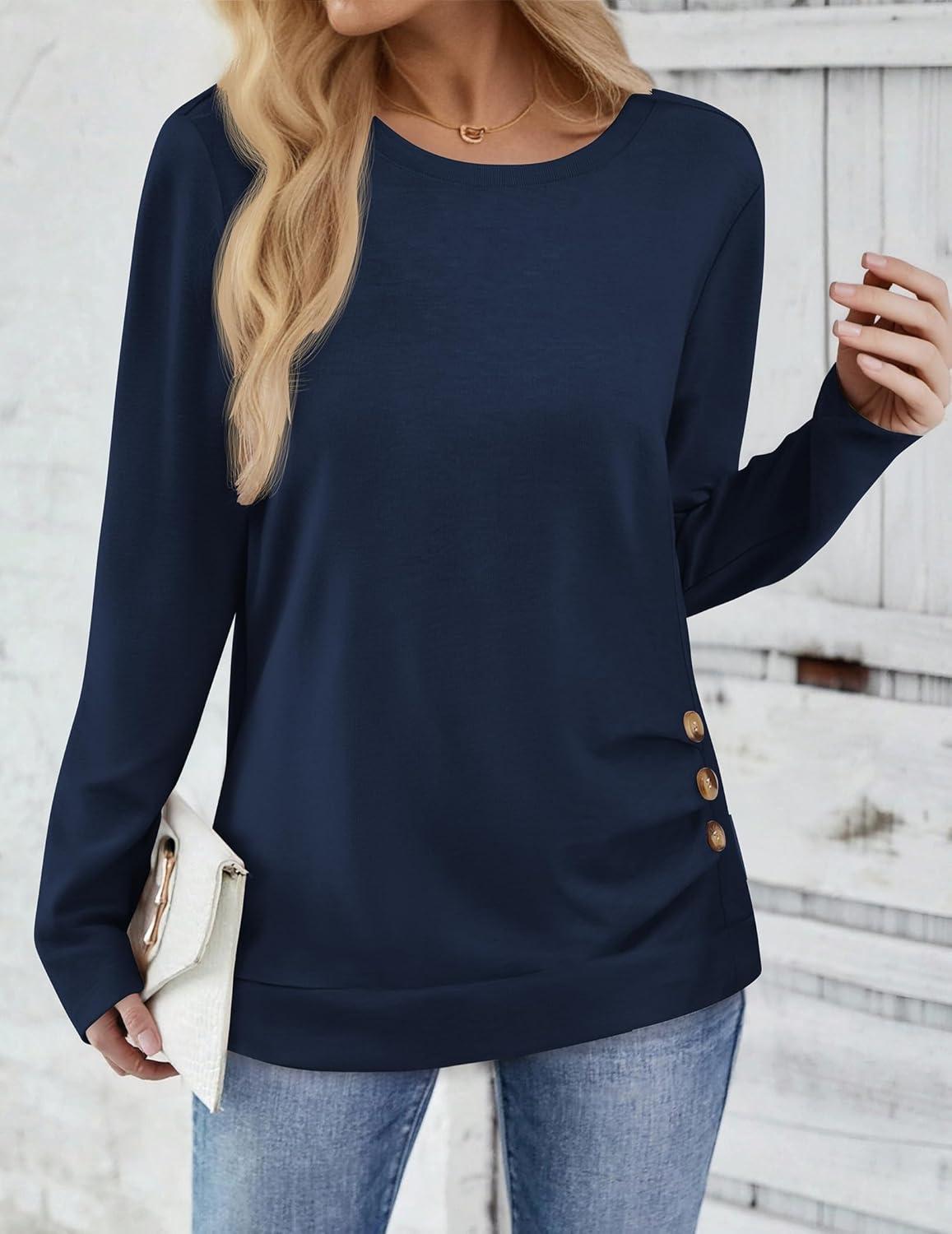 imageZeagoo Womens Tops 2025 Long Sleeve Shirts for Fall Round Neck Blouses Floral Tunic Tops with Buttons DecorBlue