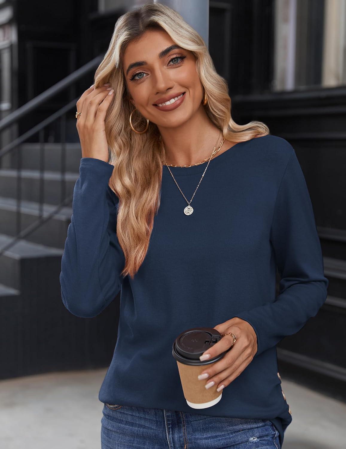 imageZeagoo Womens Tops 2025 Long Sleeve Shirts for Fall Round Neck Blouses Floral Tunic Tops with Buttons DecorBlue