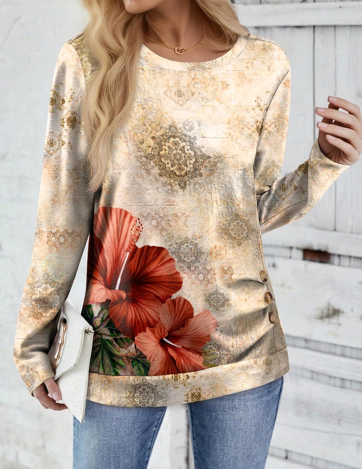 imageZeagoo Womens Tops 2025 Long Sleeve Shirts for Fall Round Neck Blouses Floral Tunic Tops with Buttons DecorFloral275